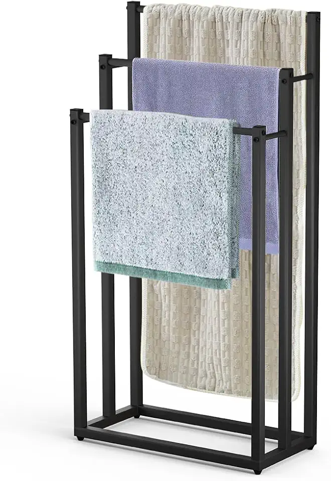 VOUNOT - Porte-serviettes sur pied, 3 niveaux, métal, noir, rangement stable
