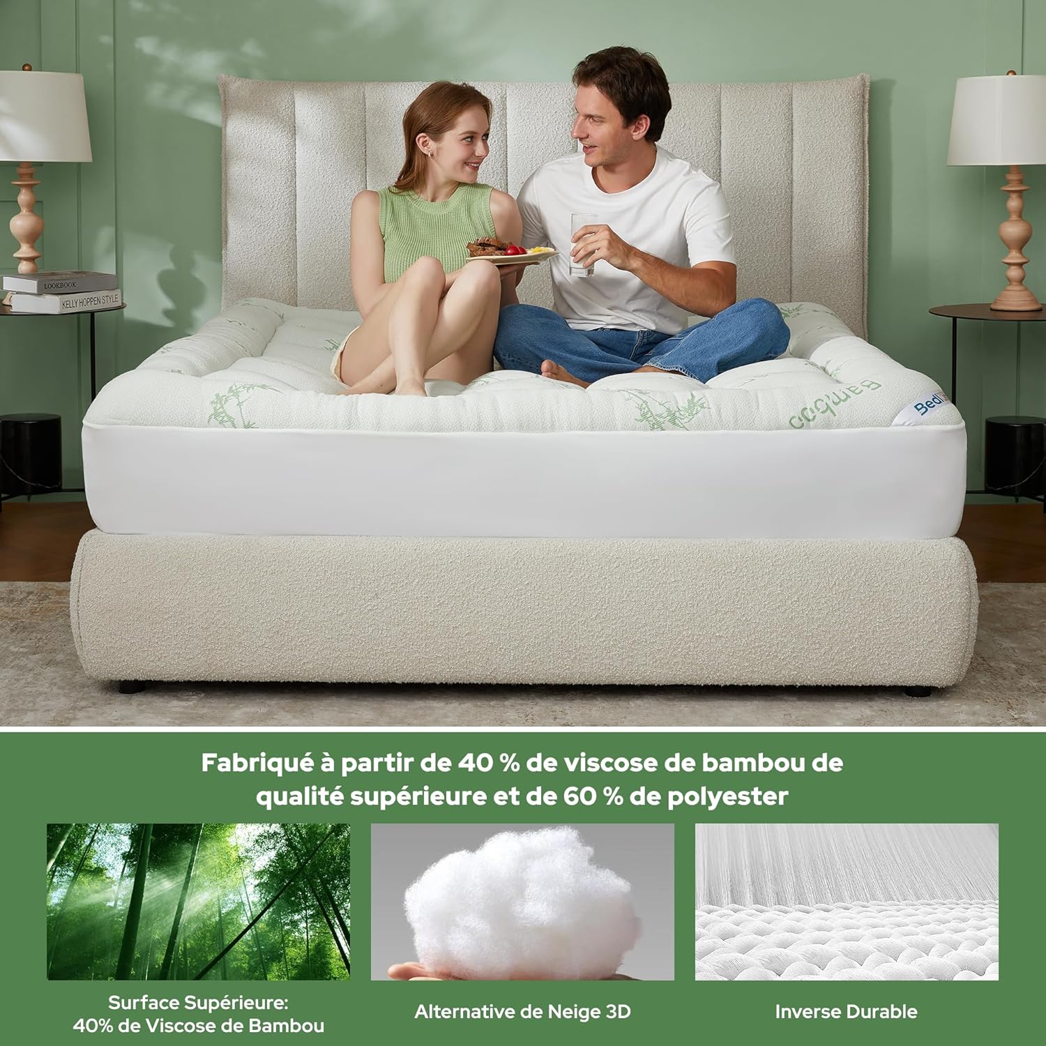 BEDLORE - Surmatelas Bambou - 140x200 cm - Respirant, Oeko-Tex, bonnet 30 cm