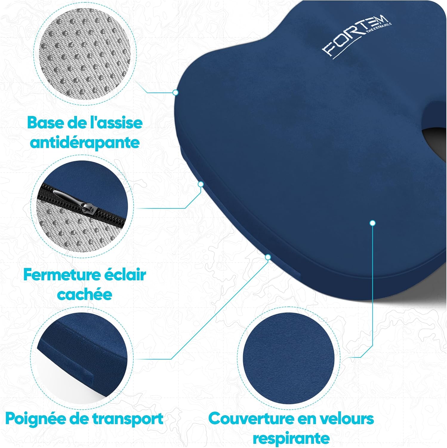 FORTEM - coussin lombaire/assise mémoire de forme - antidérapant - soutien dos et confort chaise/auto