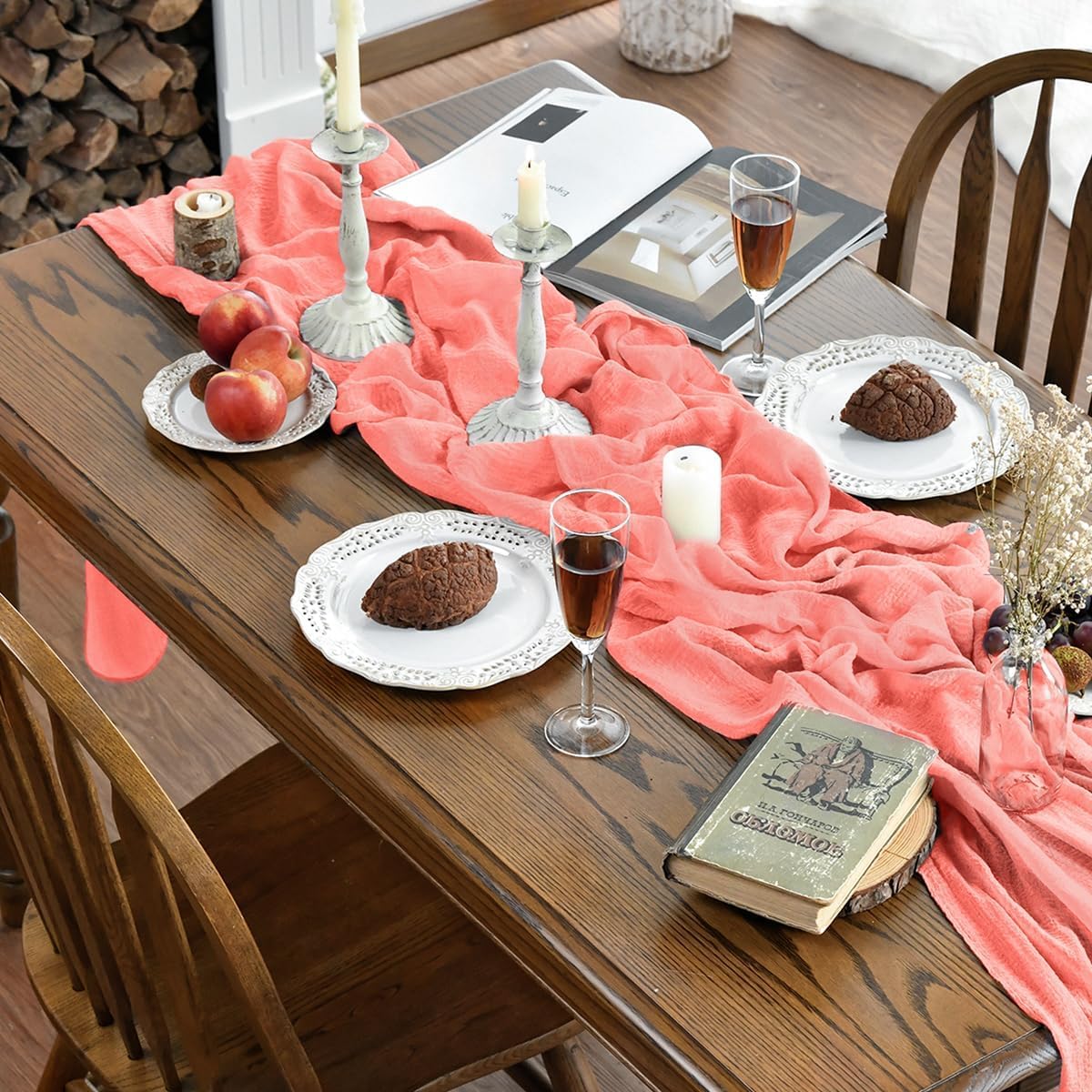 Artoid Mode - Chemin de table bohème corail - 300 cm - mousseline gaufrée, déco festive