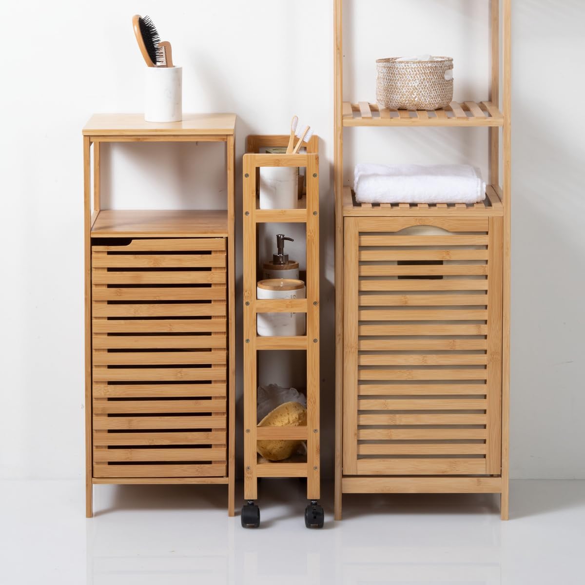 5five - desserte 3 niveaux roulante bambou, format étroit, 58x22x64cm
