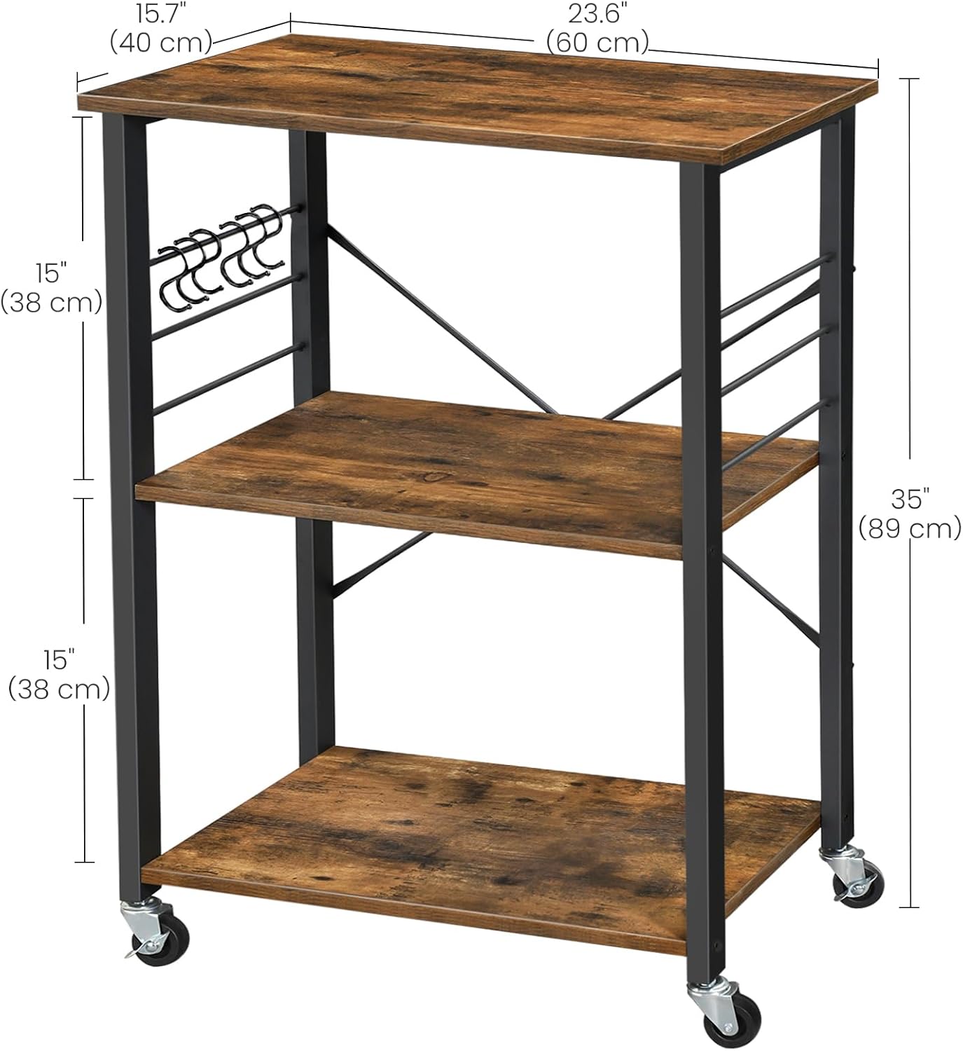 VASAGLE – étagère cuisine roulante – 40x60x89cm – 3 niveaux, 6 crochets, bois métal – KKS60XV1