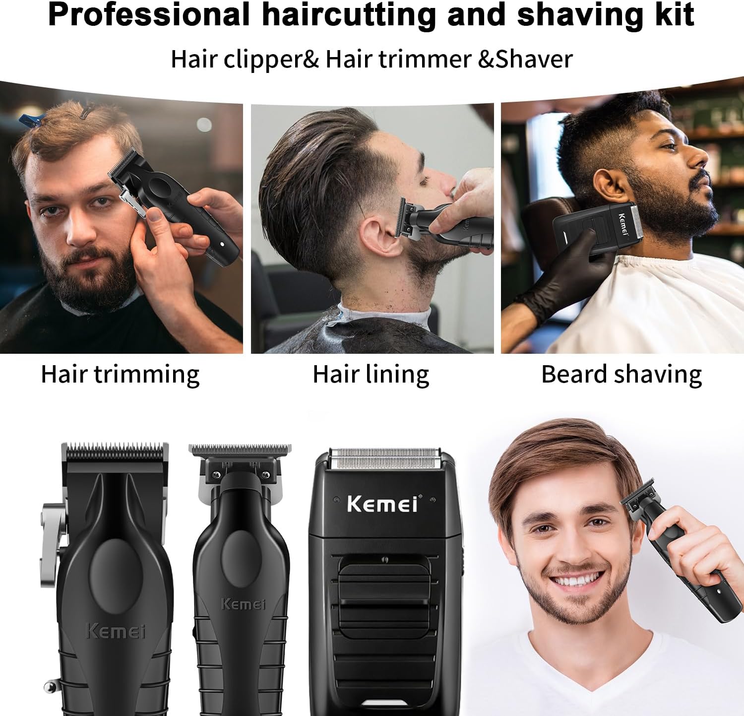 Kemei - tondeuse pro sans fil - aluminium, barbe/cheveux, kit complet