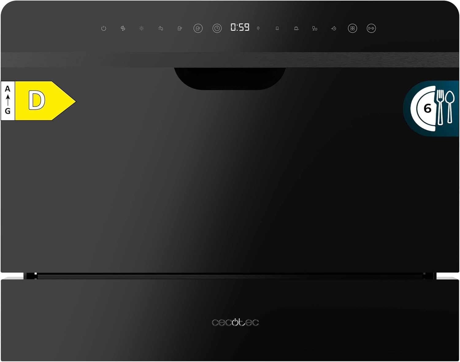 Cecotec - Bolero Aguazero 2500 S-BI - compact 6 couverts - verre noir, basse conso, 5 programmes, départ différé, 2500 S