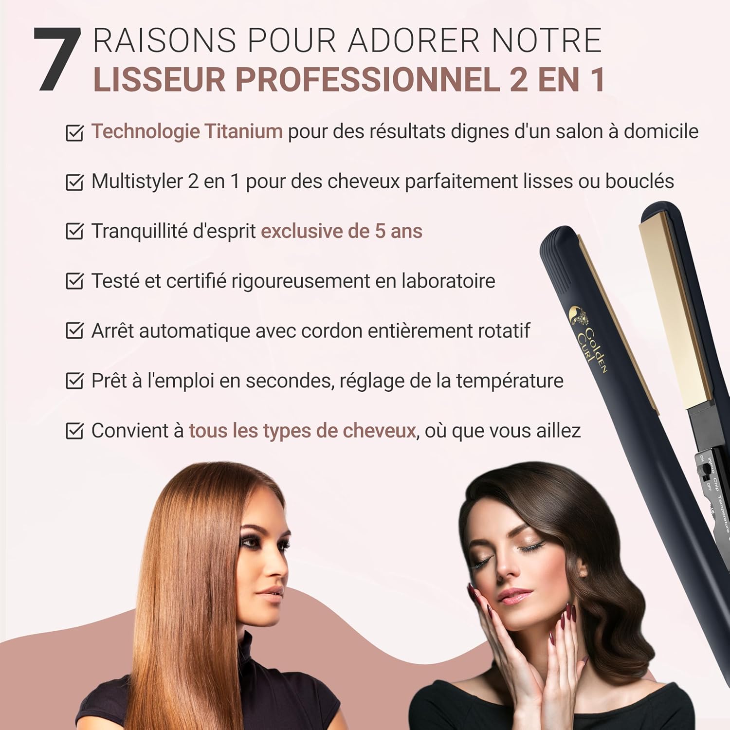 Golden Curl - Fer Lisseur 2 en 1, or, 5 ans garantie, lisse & boucle