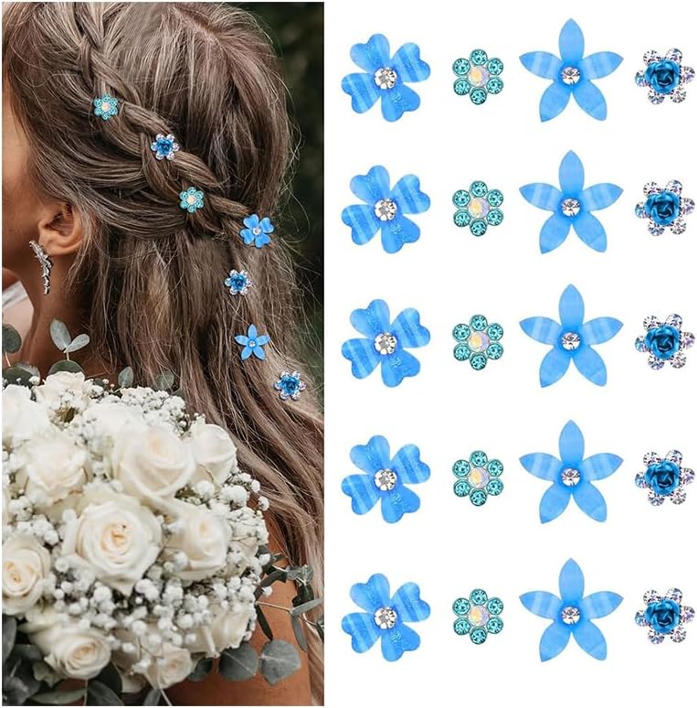 Pinces à cheveux - lot de 20 mini barrettes fleurs strass métal - 4 motifs