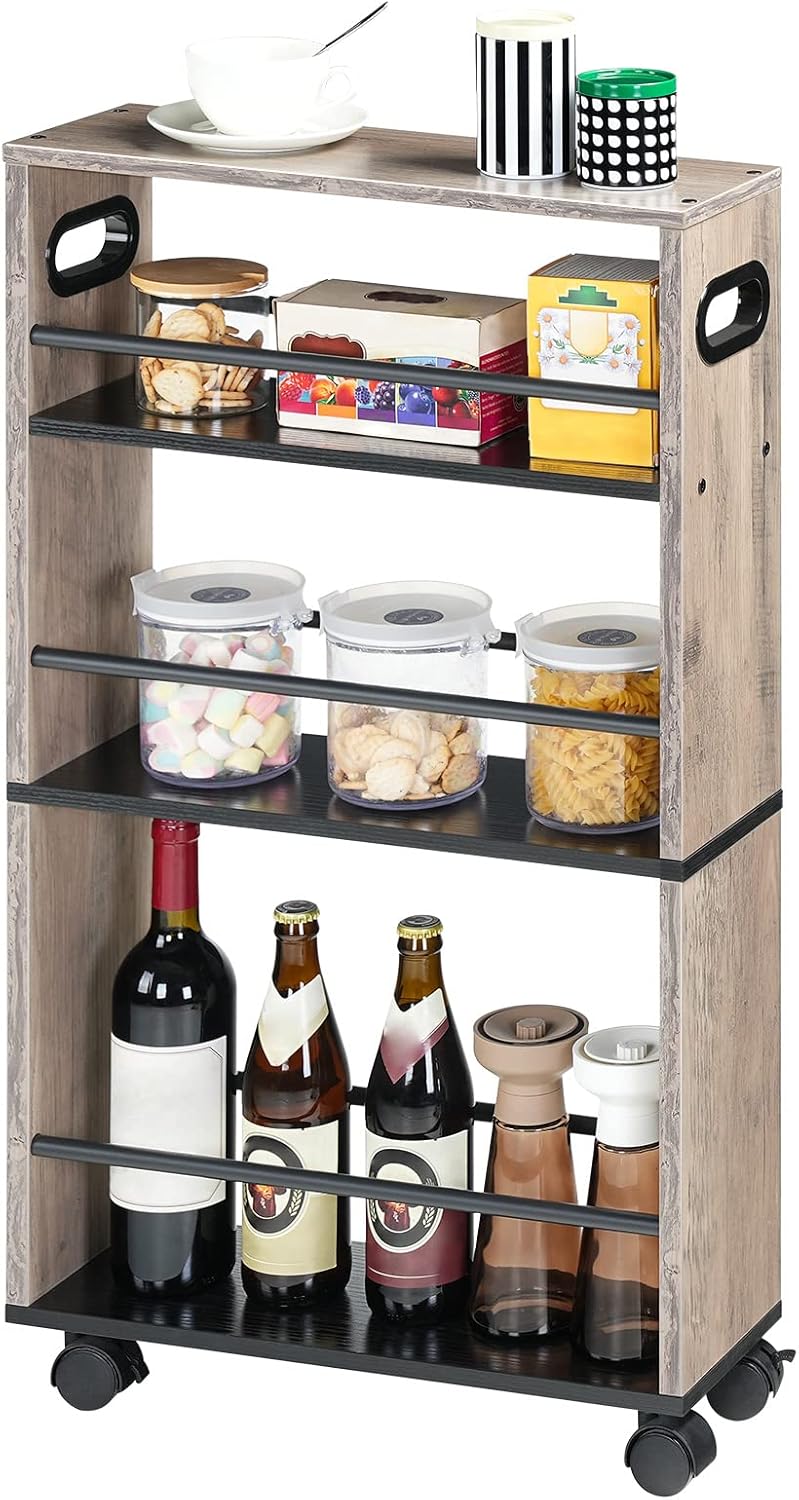 HOOBRO - chariot de rangement 4 niveaux, roulettes, poignée, bords relevés, mince, EBG15TC01