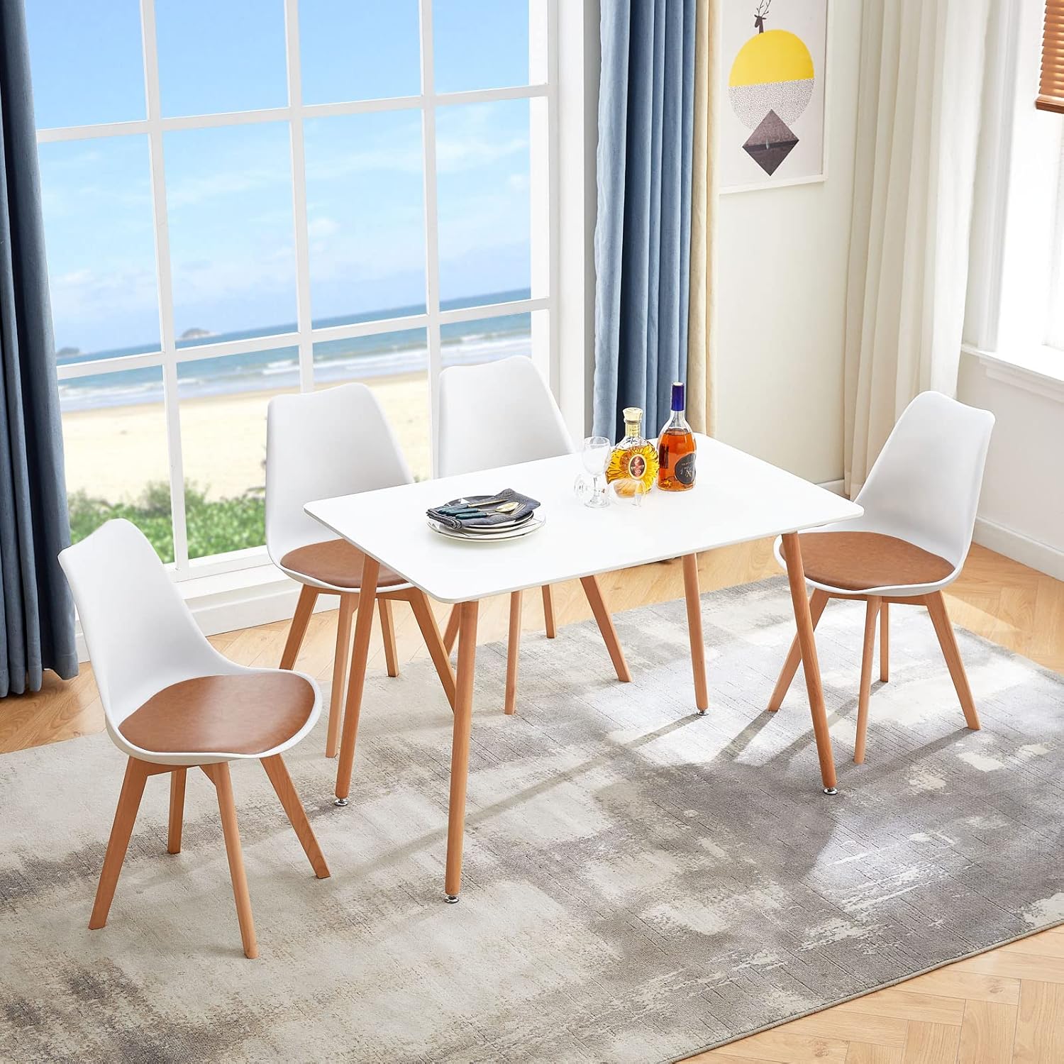 EGGREE - Lot de 8 chaises scandinaves, bois hêtre, cuir PU, blanc/marron