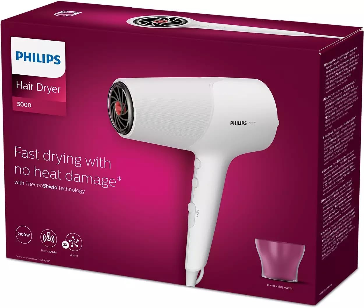 Philips - Sèche-cheveux Série 5000 - 2100W - ThermoShield, 3 températures, 2 vitesses - BHD500/00