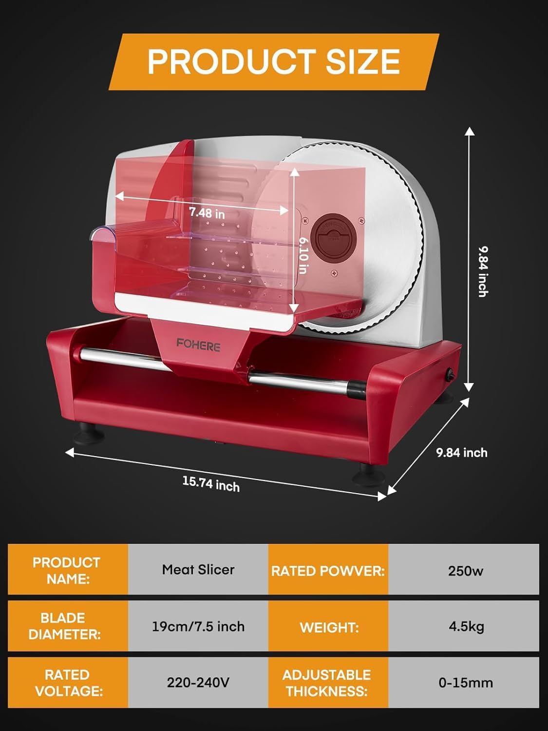 Trancheuse électrique - 250W, 19cm, 3 lames inox, épaisseur réglable, sécurité