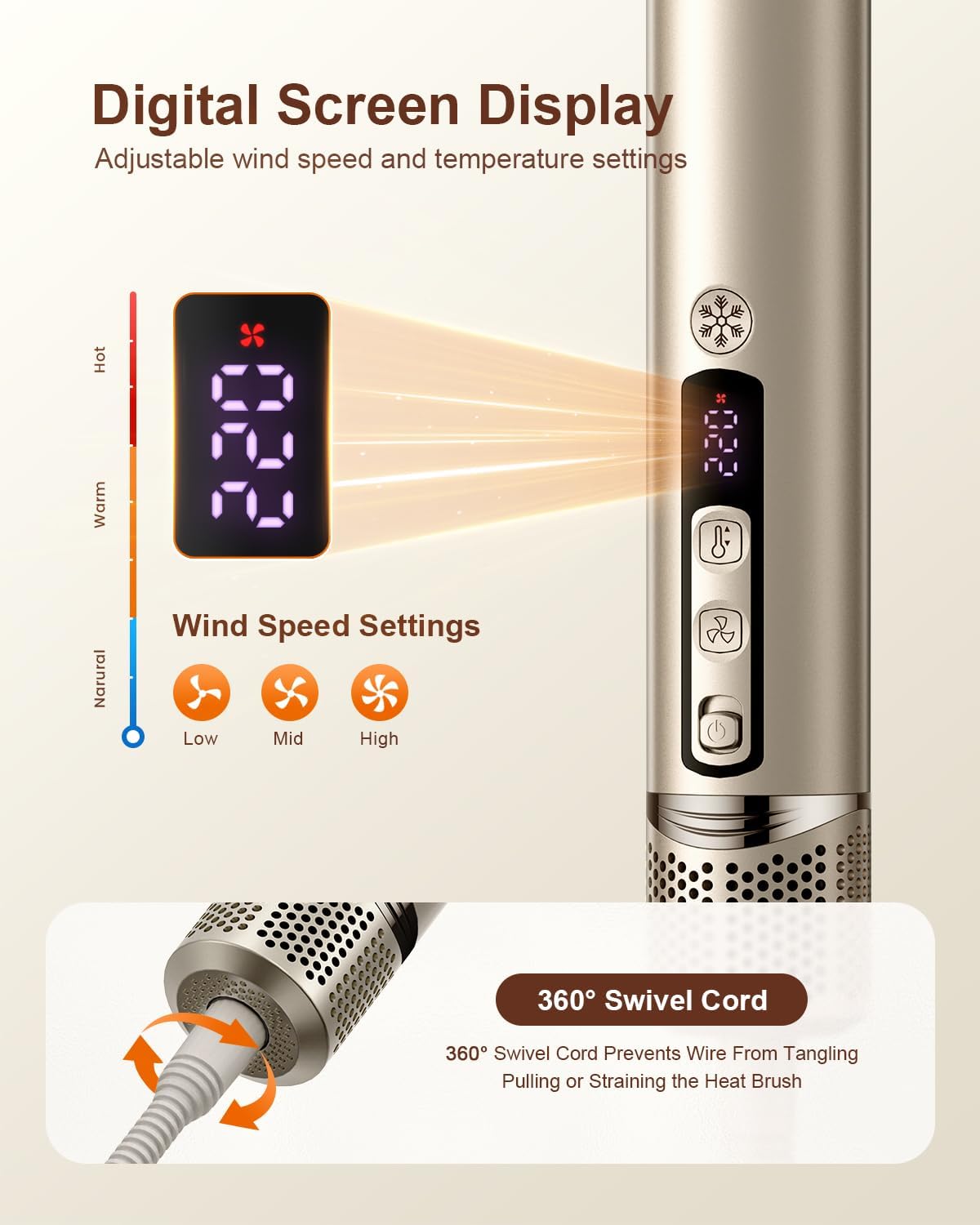 Brosse sèche-cheveux 5 en 1 - multi-styler, séchage rapide, enroulement auto, rangement, sans dommage