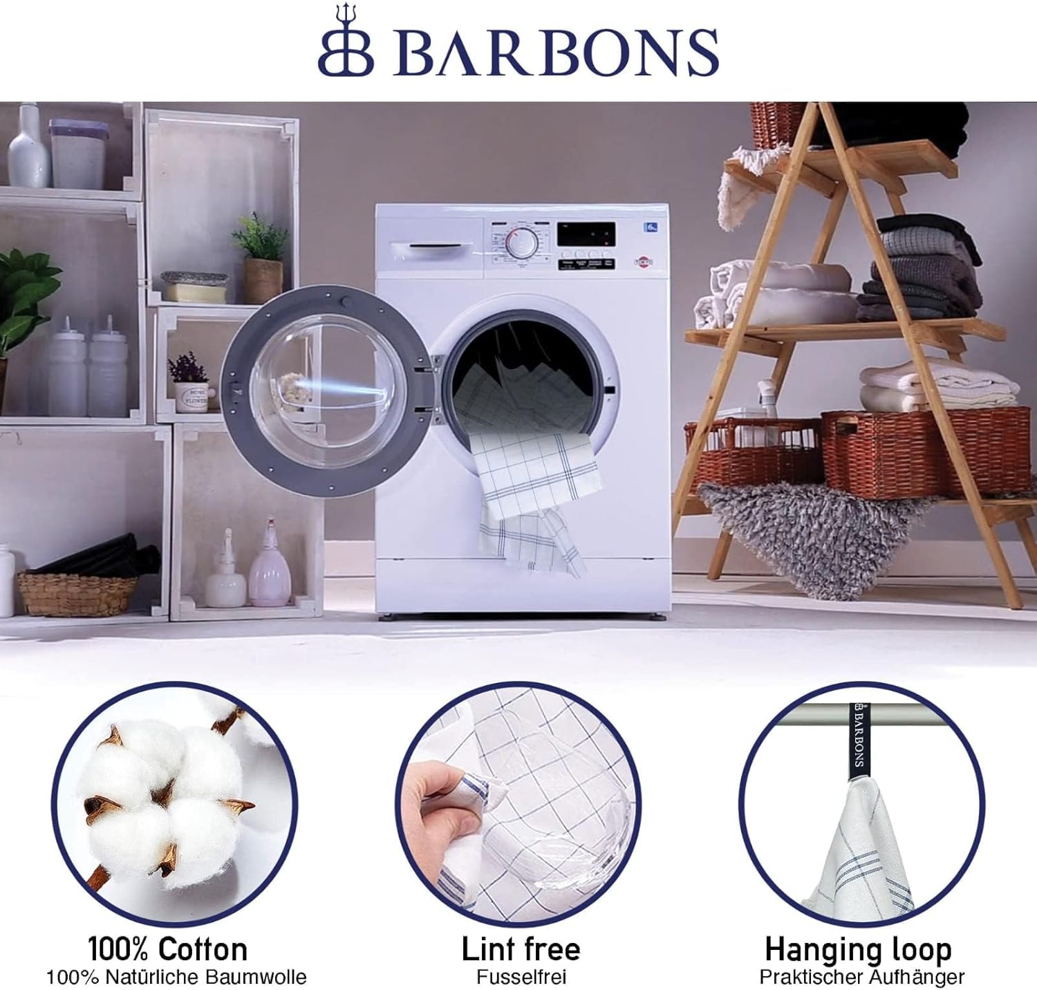 BARBONS - Lot 20 torchons à carreaux 50x70 cm - coton Oeko-TEX, bleu