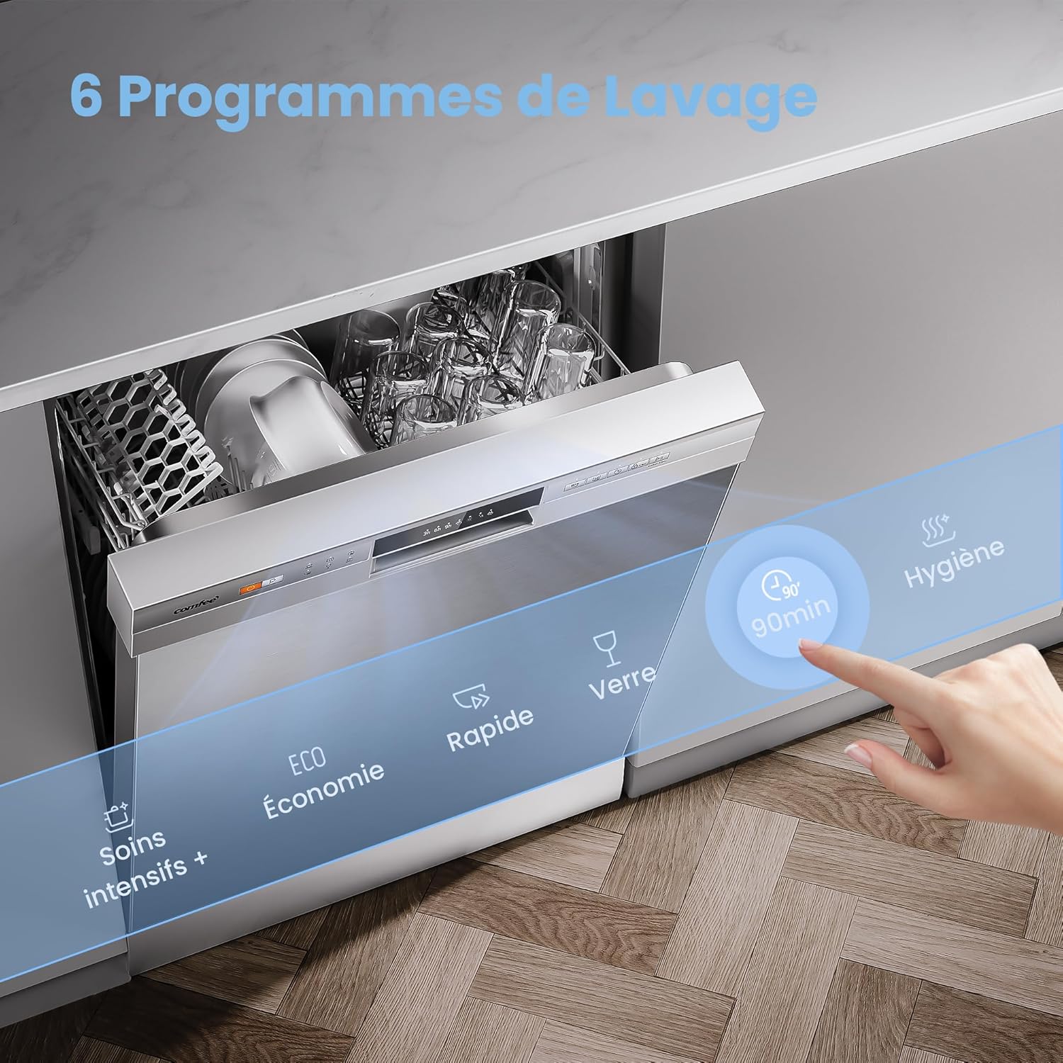 COMFEE' - lave-vaisselle série Pose Libre - 60 cm - 12 couverts, départ différé, demi-charge, paniers flexibles, inox, 4