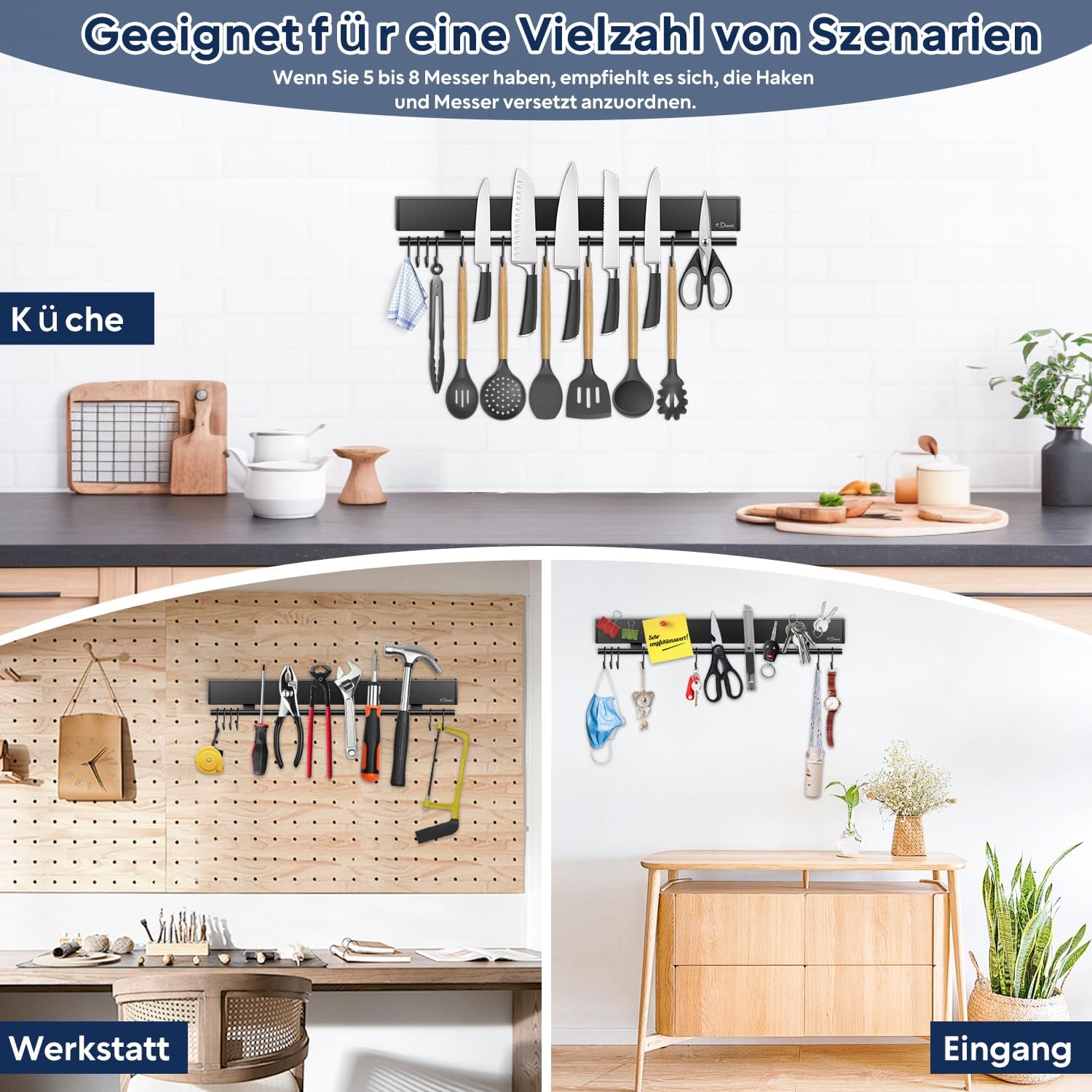 Dmore - barre magnétique avec 10 crochets - 50 cm - support autocollant couteaux noir