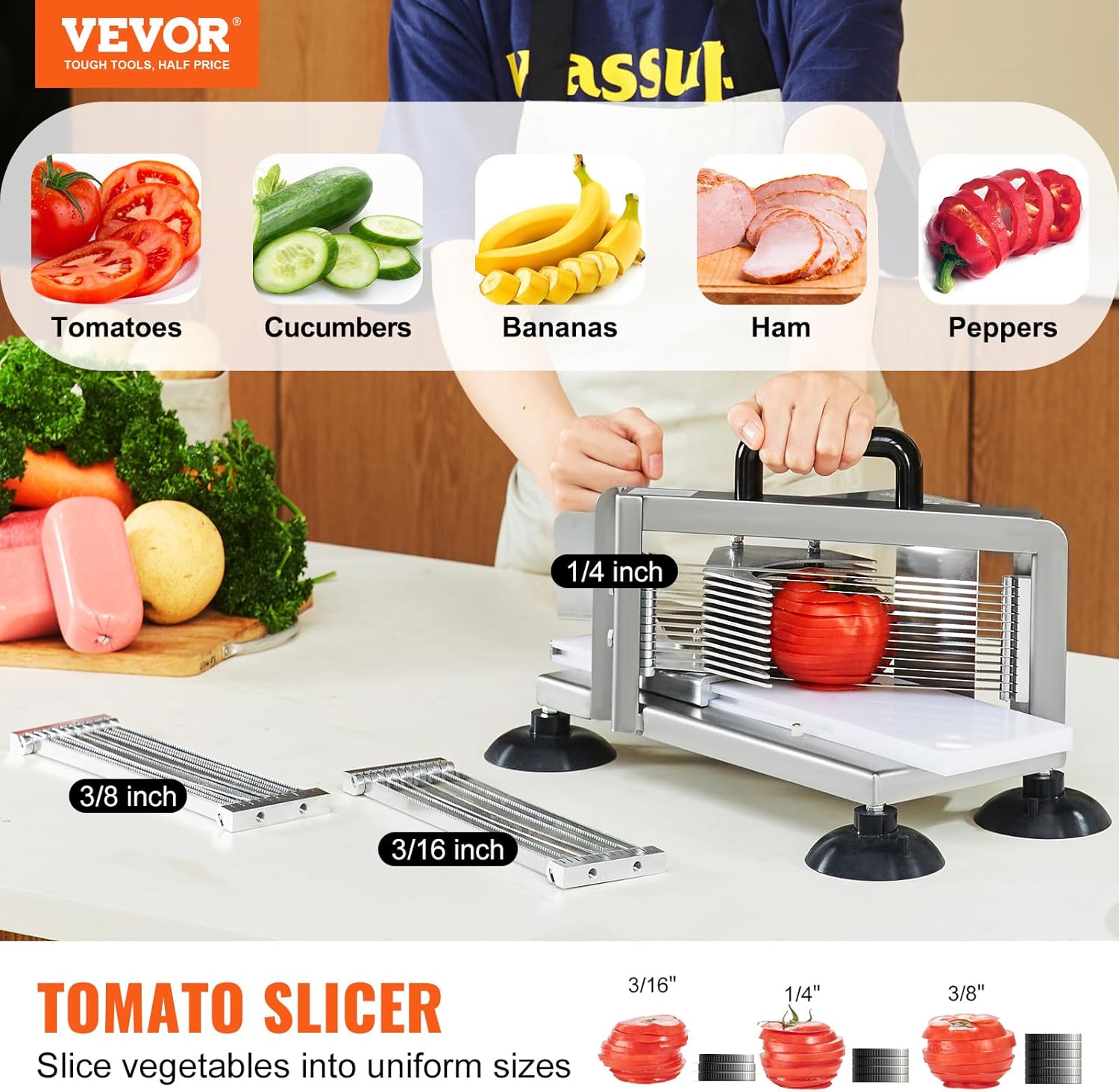 VEVOR - trancheuse à tomates manuelle - 4,8/6,35/9,5 mm - inox, pieds antidérapants