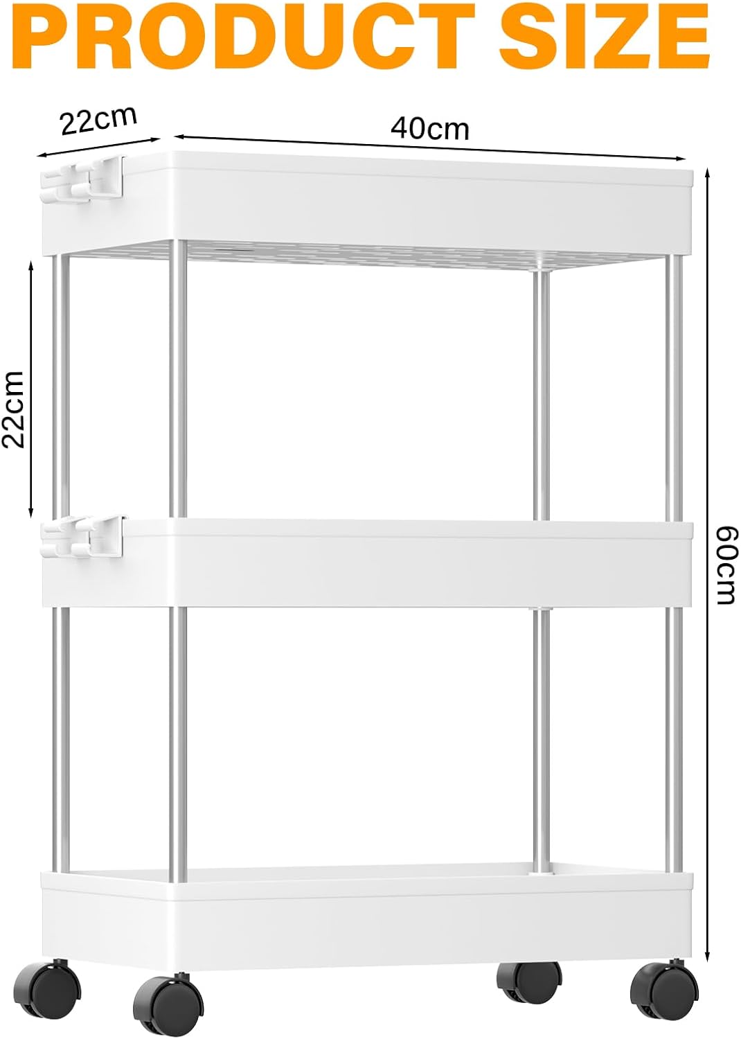 Desserte à roulettes - chariot 3 niveaux, mobile 60x40x22cm, espaces étroits