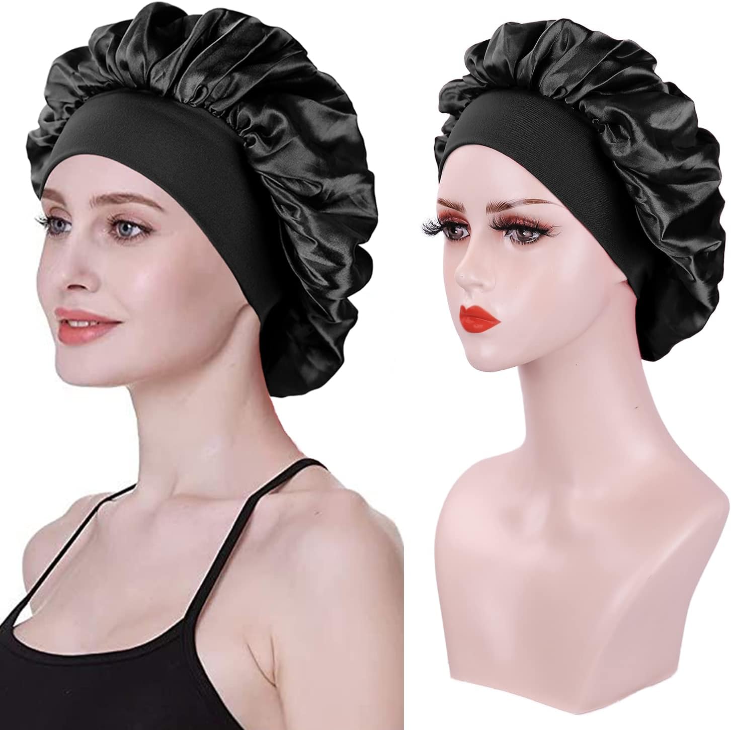 Bonnet satin cheveux nuit femme - lot 2 pièces - ajustable soie, confort nuit