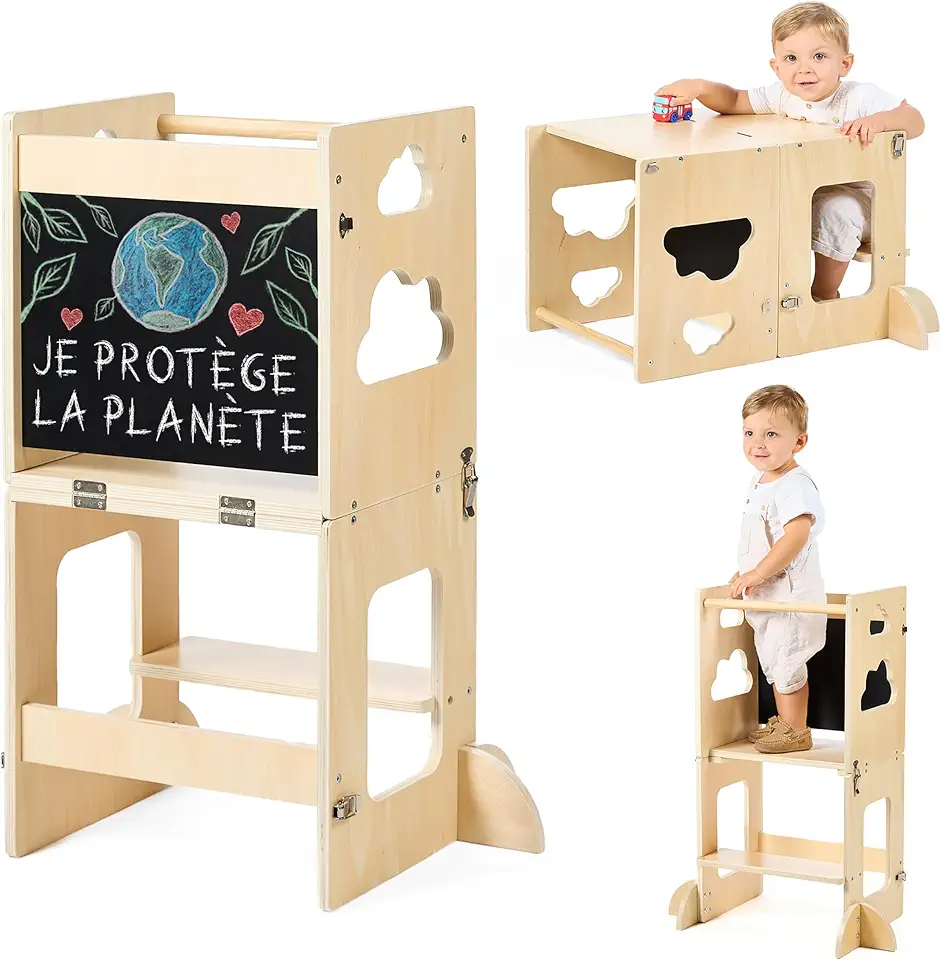 Tour d'observation enfant - bureau pliable 3 en 1 - bois FSC - ardoise, reforestation