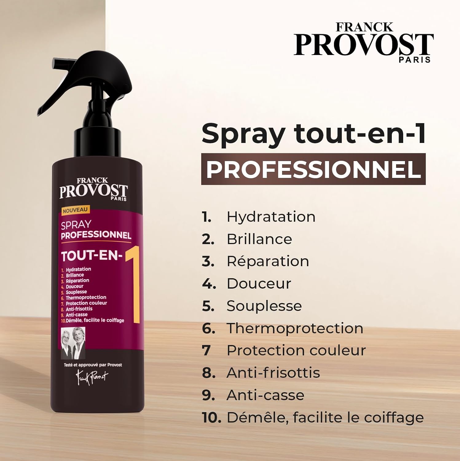 Franck Provost - Spray Tout-en-1 - 190ml - Thermoprotection, soin, hydratation, brillance