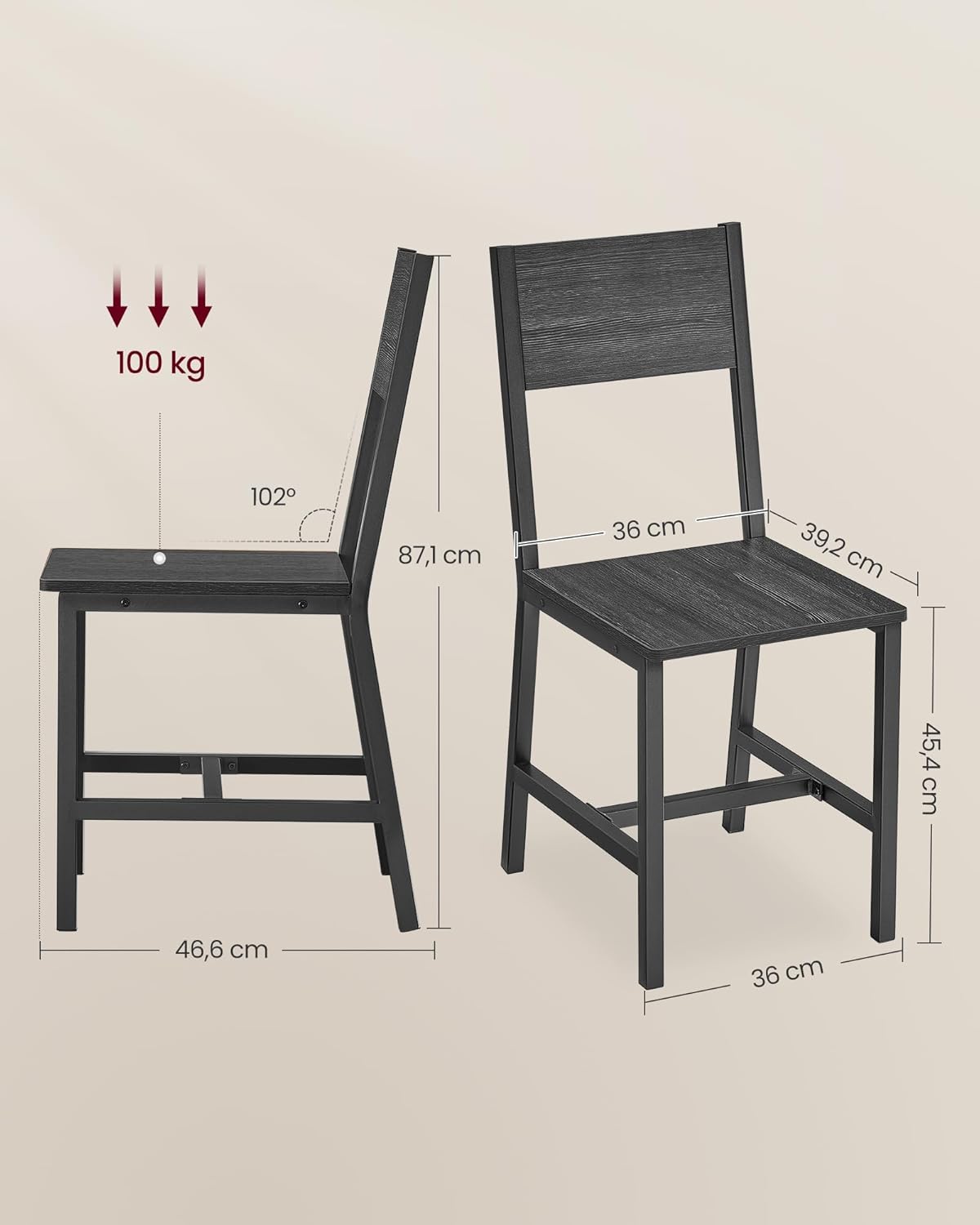 VASAGLE - chaise salle à manger (lot de 2) - acier -  gris/noir - style industriel - LDC092B04