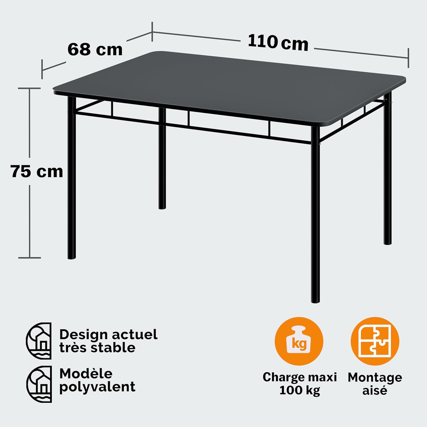 Casaria - Ensemble Leo - table et 4 chaises MDF métal, anthracite, salle à manger