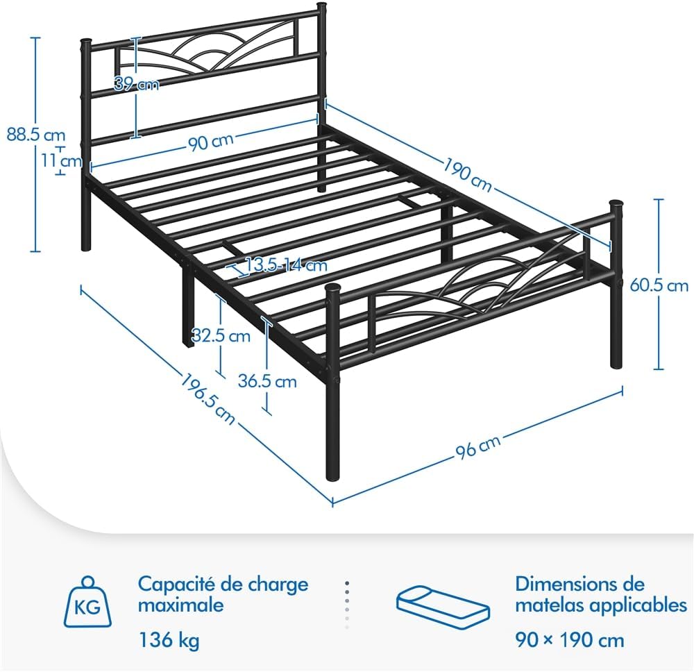Yaheetech - cadre de lit simple - 90x190 cm - métal, montage facile, noir