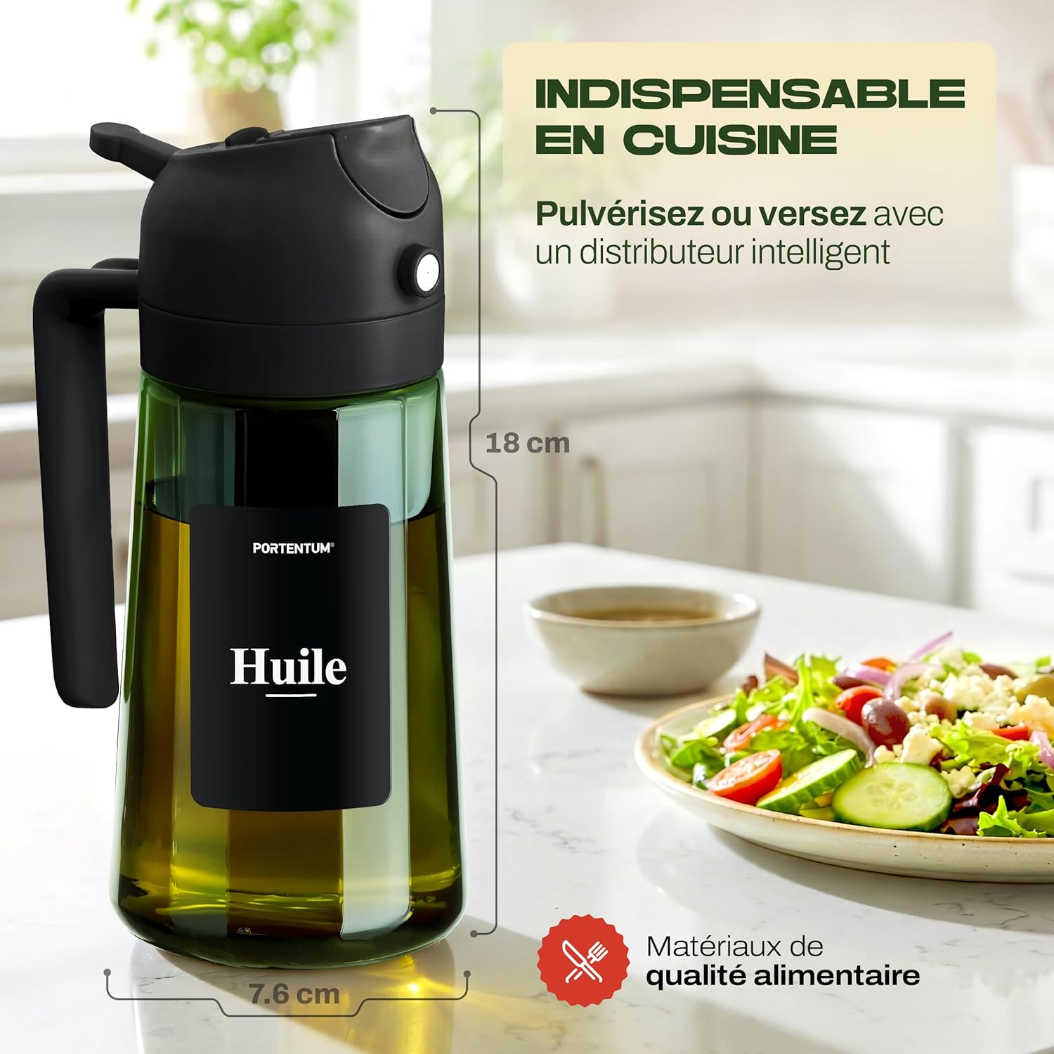 PORTENTUM - spray huile cuisine 2 en 1 470ml - verre vert, spray et verseur