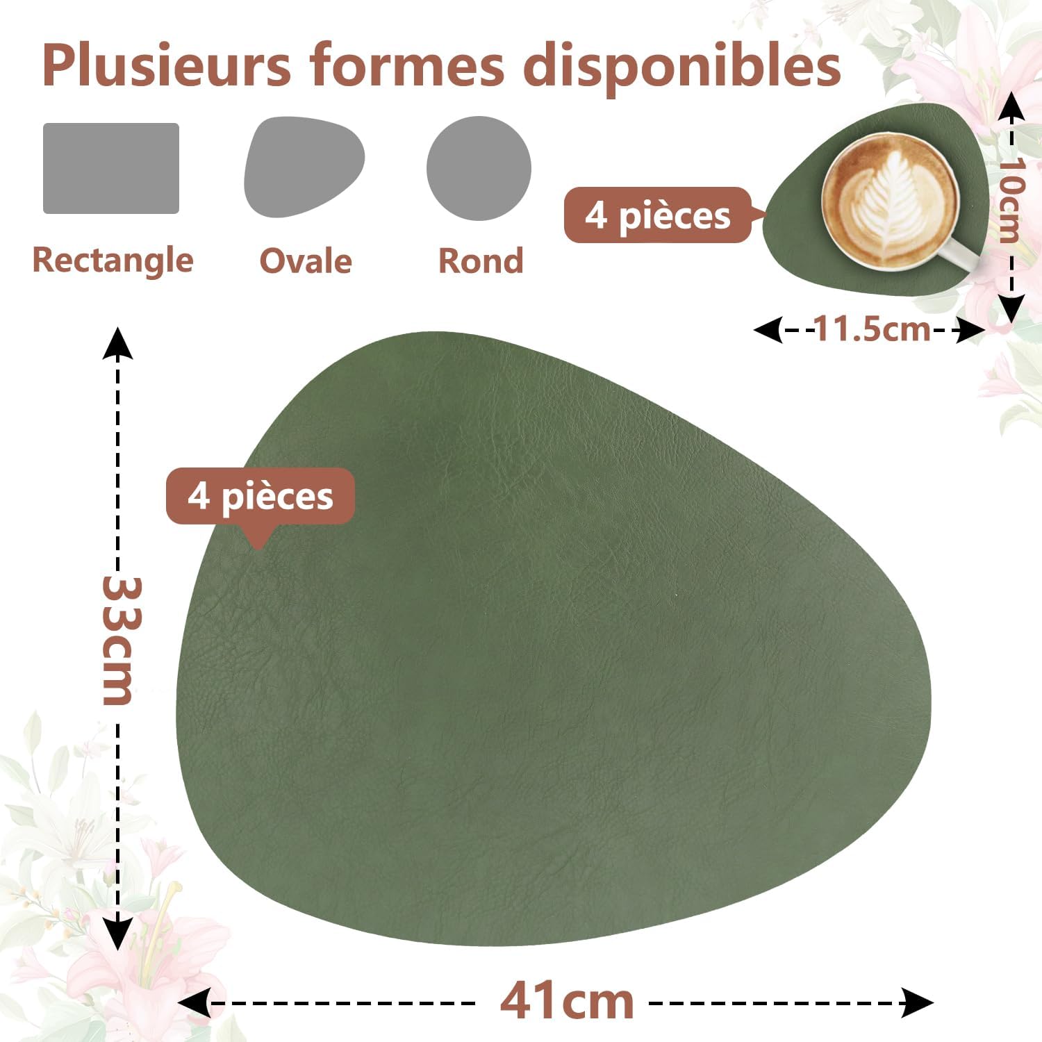 Set de table - Lot de 4, cuir PU double face, antidérapant, 41x33cm