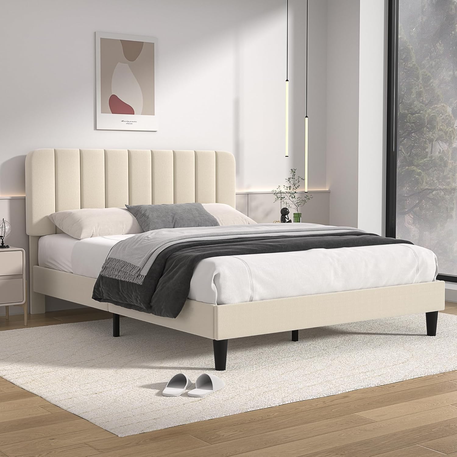 VECELO - lit double rembourré - 140x190 cm - lattes bois, velours, beige
