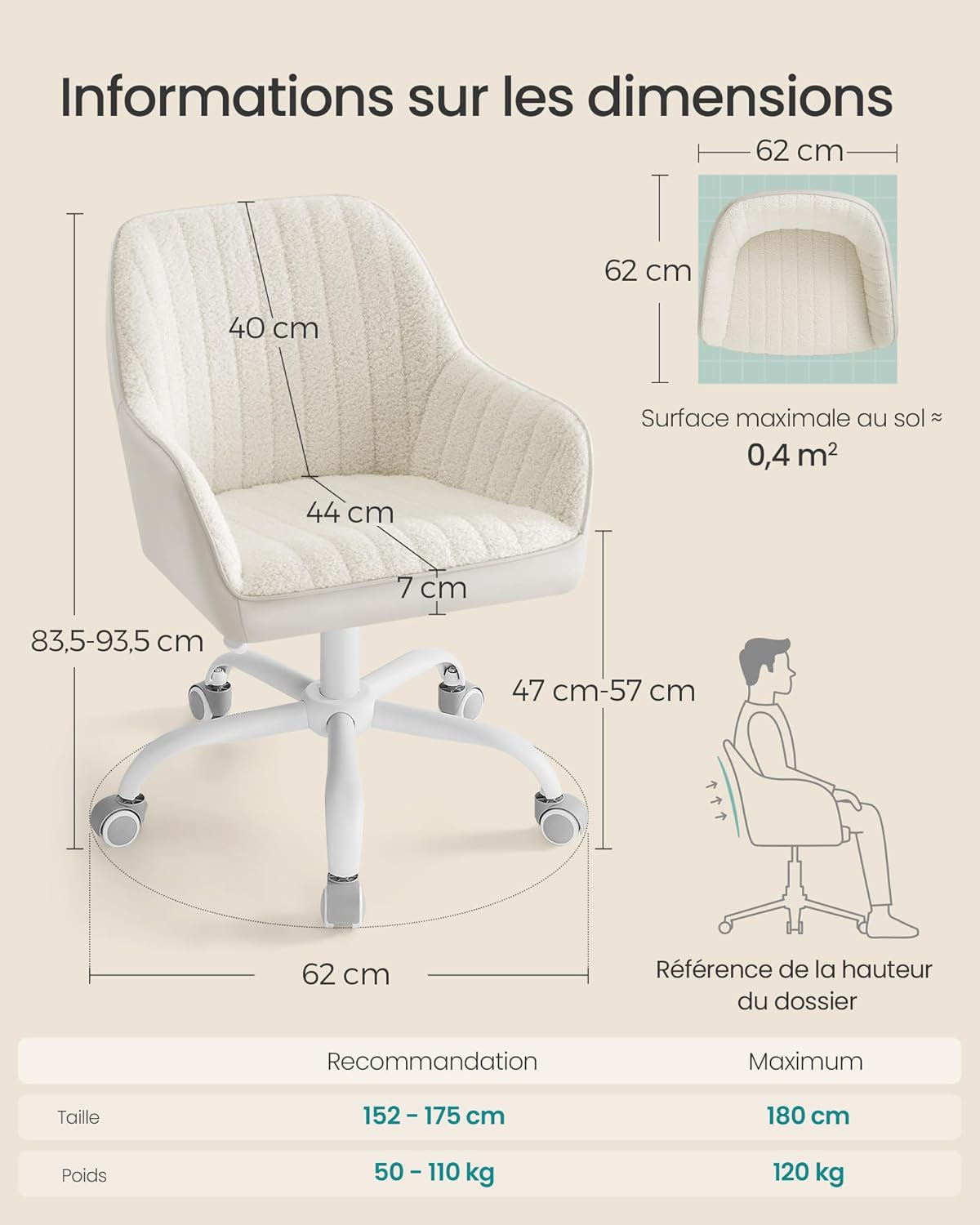 SONGMICS - fauteuil pivotant tissu peluche, hauteur réglable, beige cappuccino, OBG012W01
