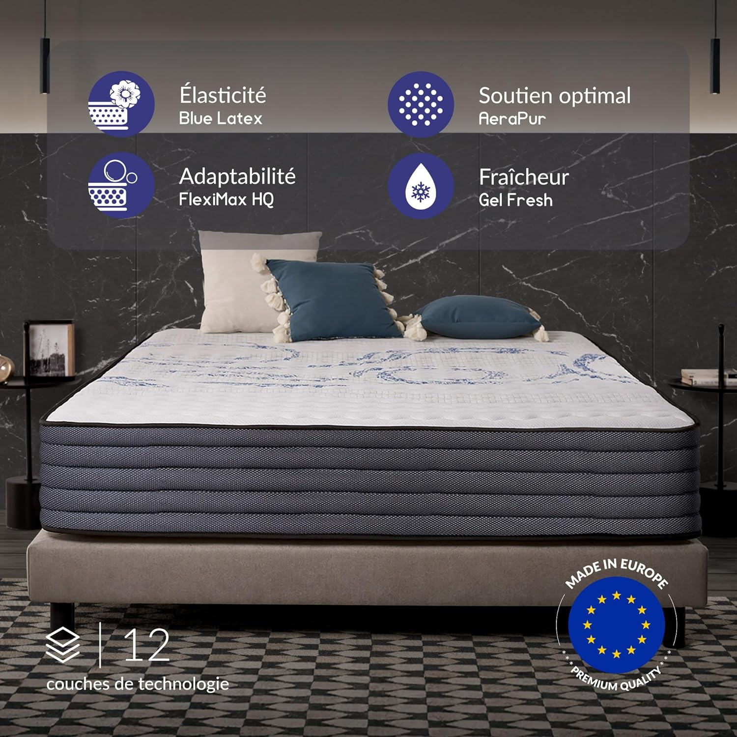 NATURALEX - PerfectSleep - 160x200 cm - Matelas ferme 30 cm, mémoire de forme, blue latex, 7 zones, réversible