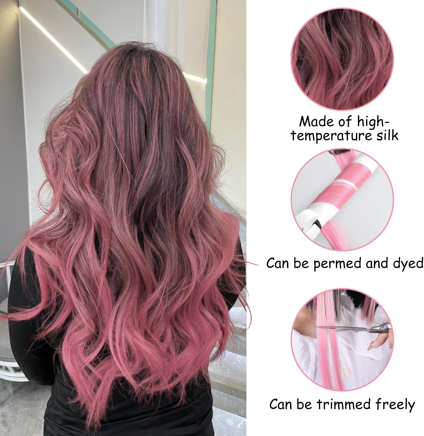 Extensions cheveux - 22 pouces - mèches colorées à clip, rose, lot de 10