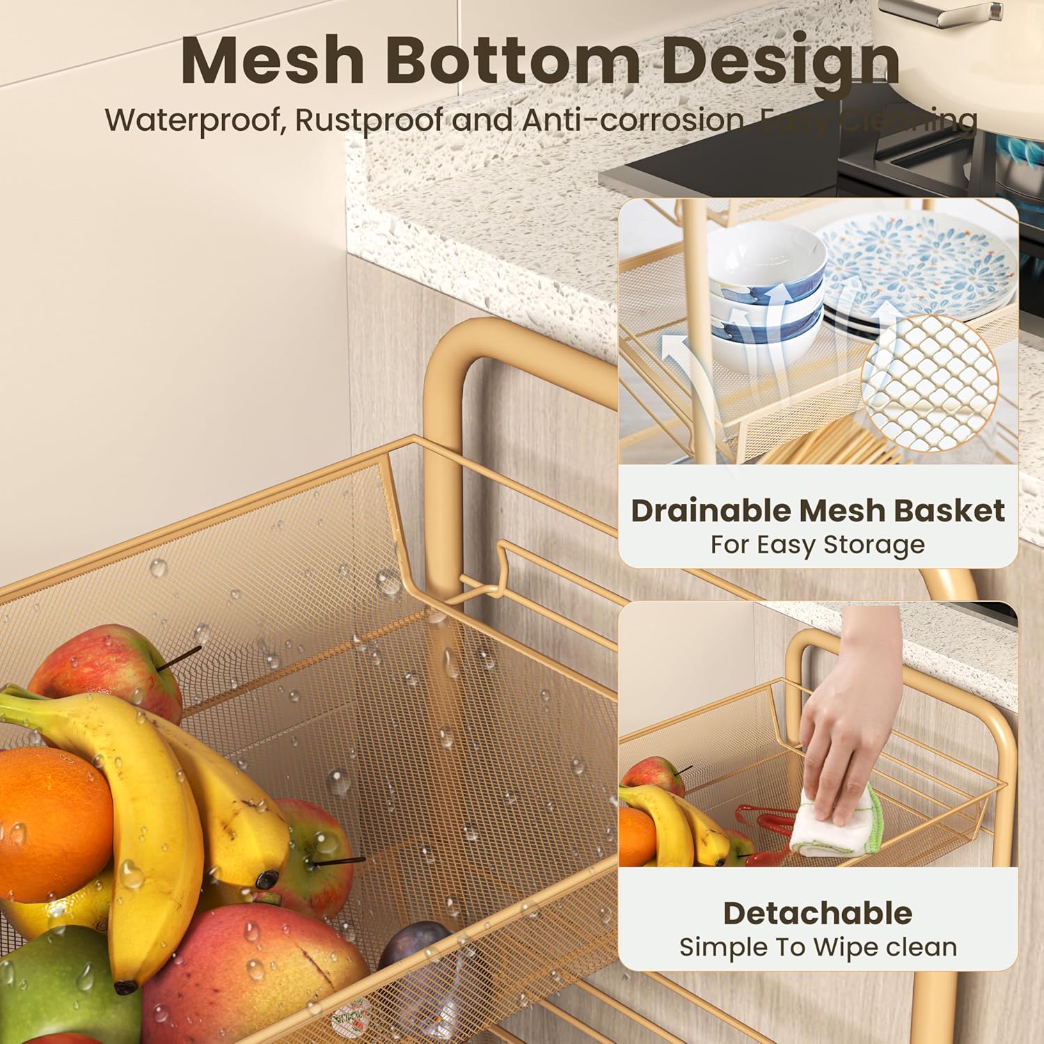 Chariot métallique - 3 étagères, poignées, roulettes, orange, cuisine