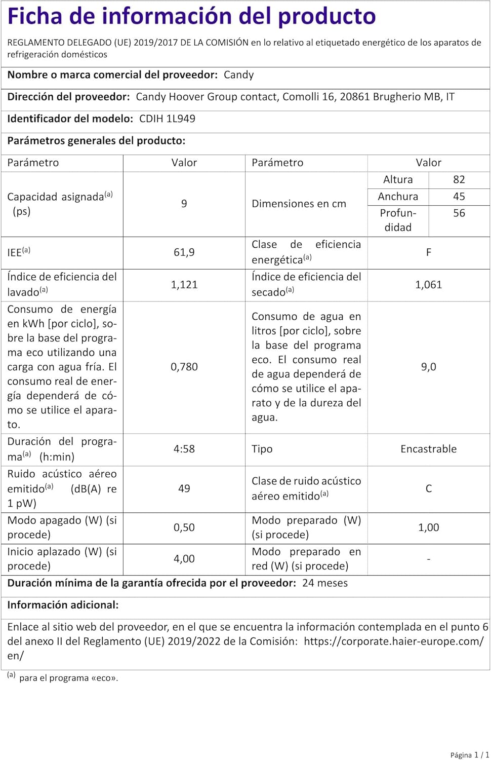 Candy - Brava encastrable 45cm, 9 couverts, 5 cycles, Zoom, CDIH1L949