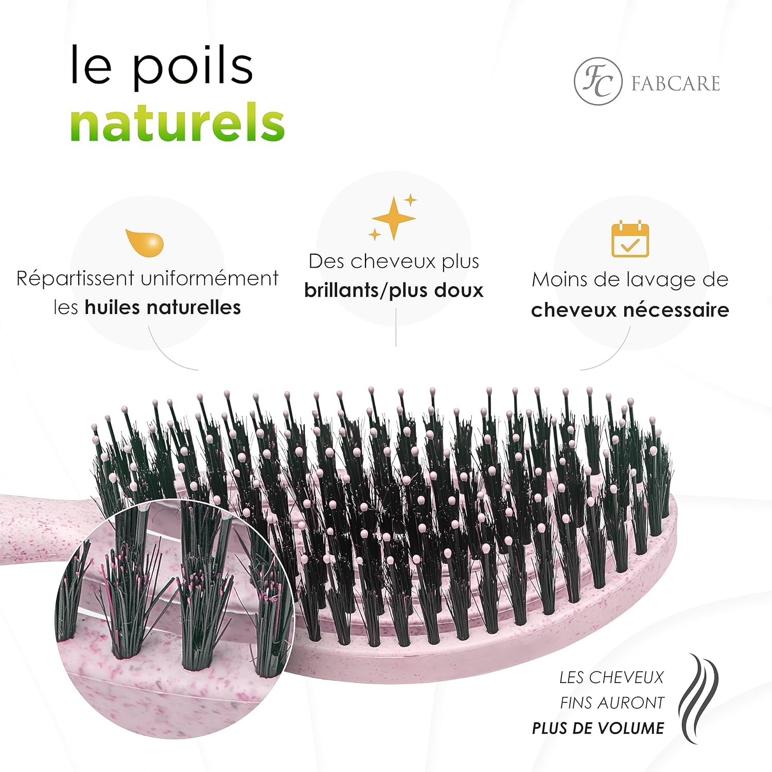 FABCARE - Brosse cheveux série innovante - poils sanglier, double ressort, styling sans douleur - Rose