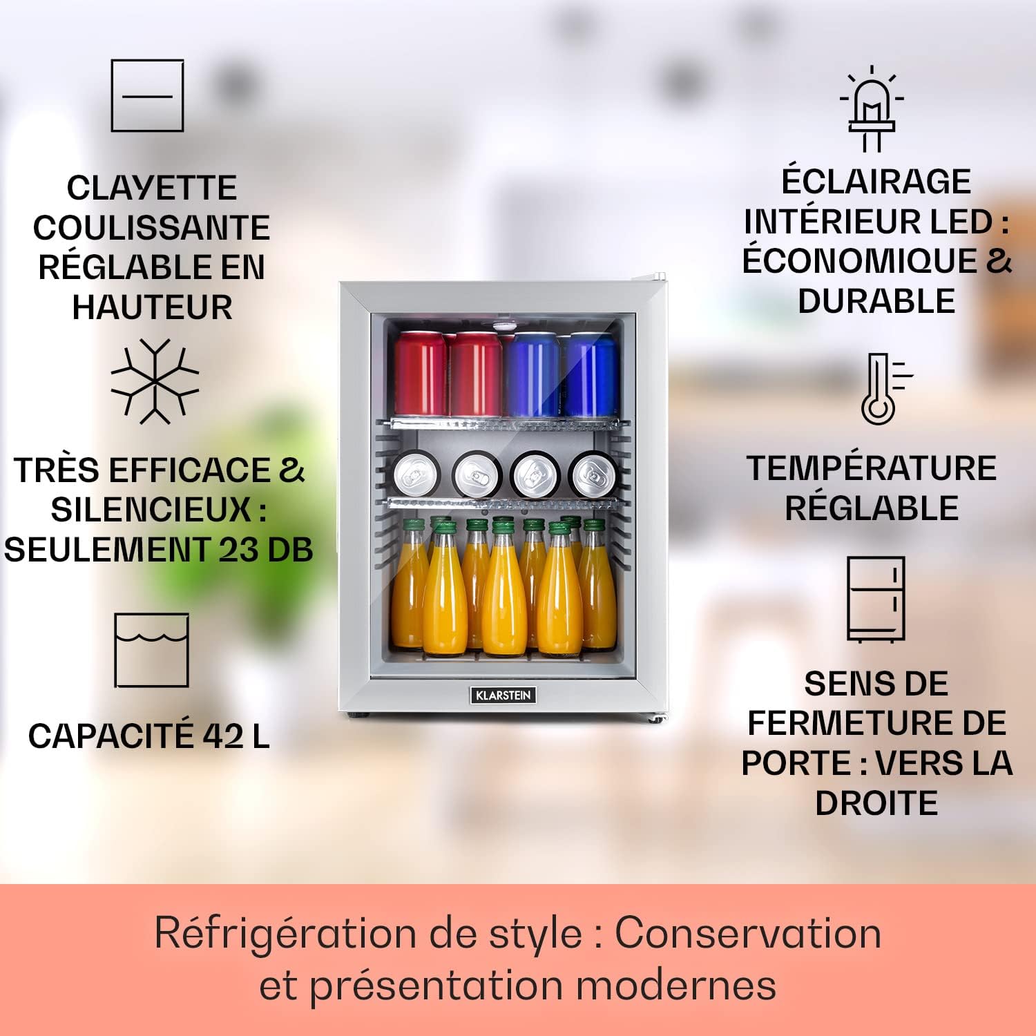 Klarstein - Mini Frigo 42L, silencieux, étagères réglables, 12-18°C