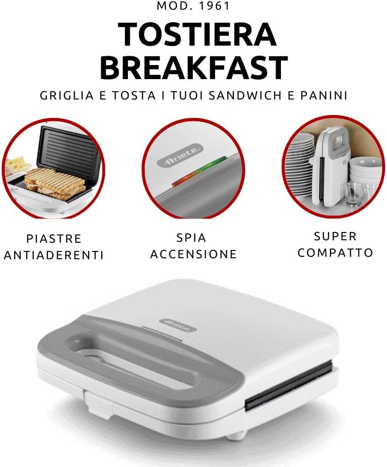 Ariete - grille-pain 1961 Breakfast - 750W - revêtement antiadhésif