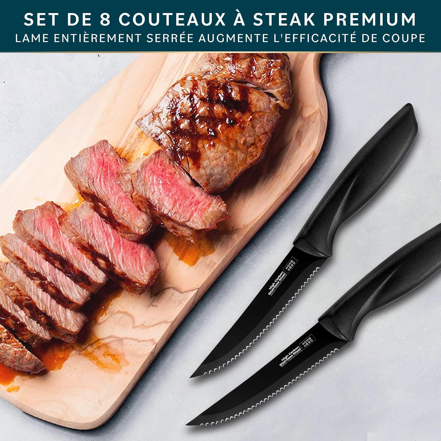 Couteaux à steak - lot de 8, 21cm, inox, lame dentelée, manche noir