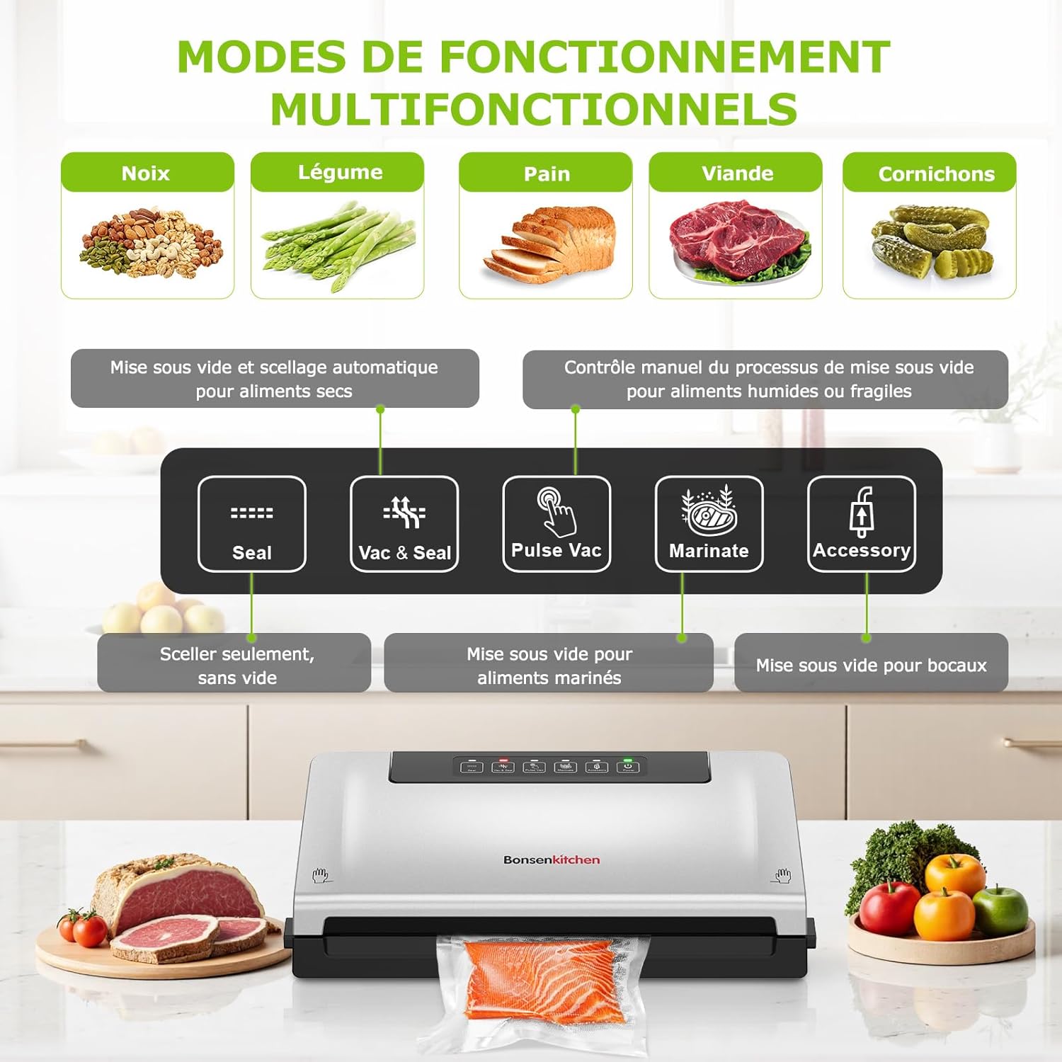 Bonsenkitchen - VS3000 - machine sous vide, 5 modes, cutter, 10 sacs
