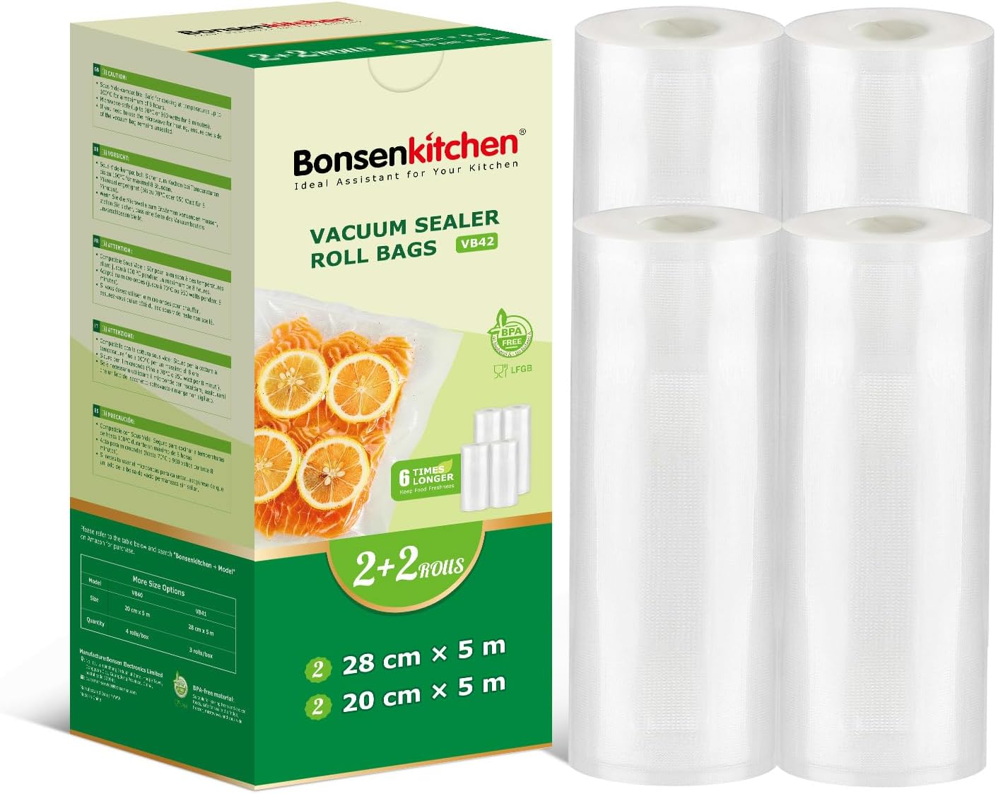 Bonsenkitchen - sacs sous vide VB42 - 20/28x500cm - sans BPA, conservation et cuisson