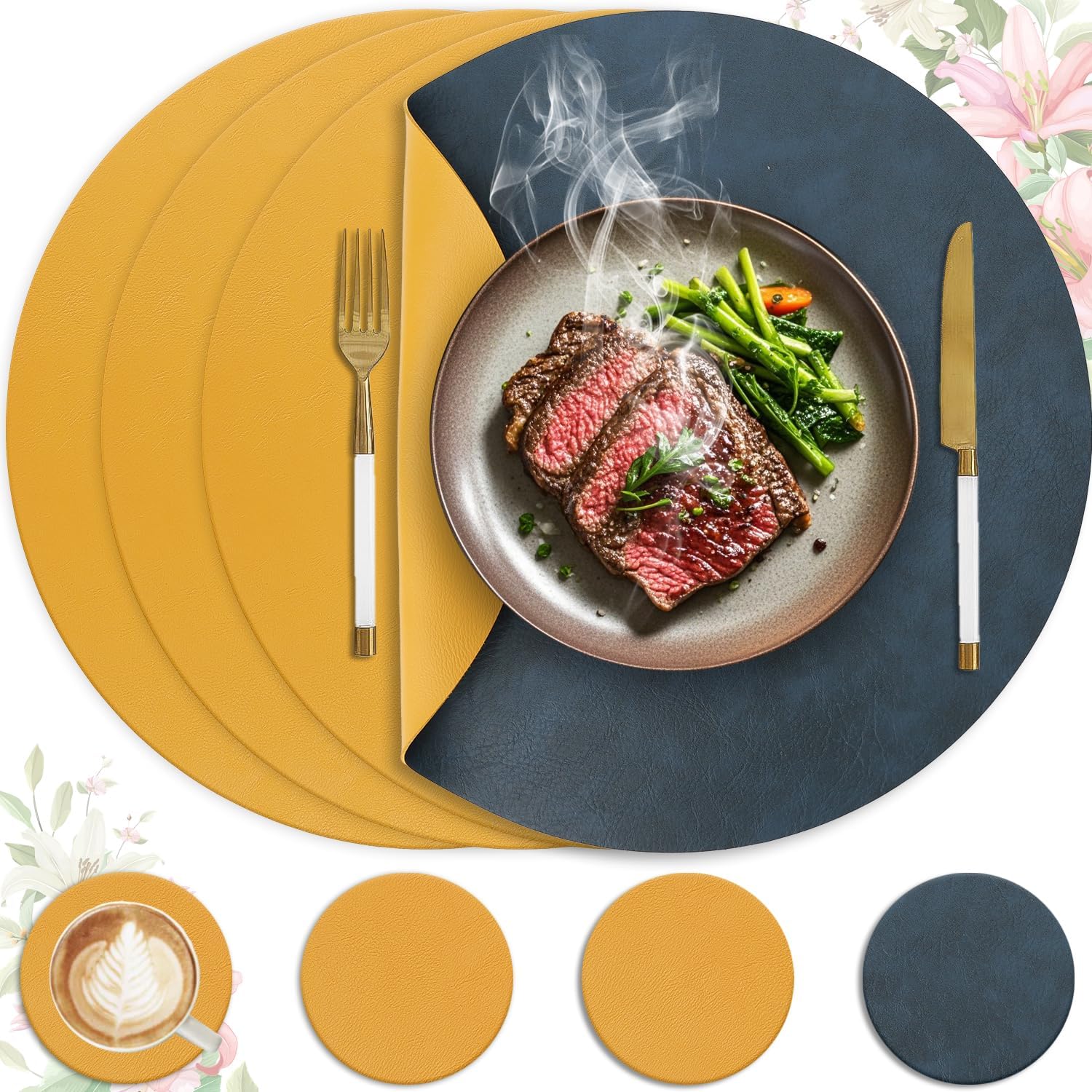 Set de table - lot de 4 en cuir PU, double face, 36x36cm, antidérapant