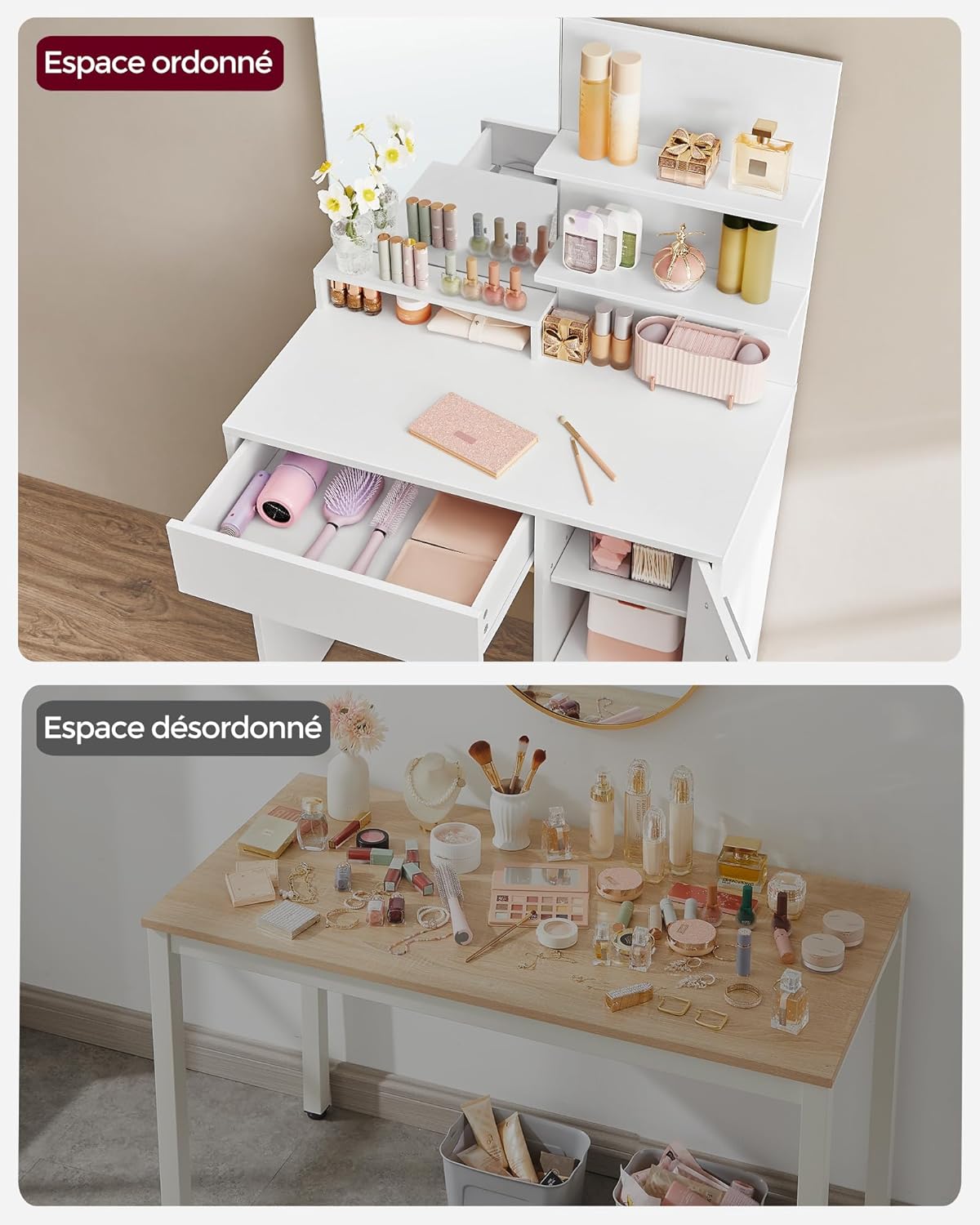 VASAGLE - Kailyn Collection - coiffeuse blanche moderne, miroir, étagères ajustables, 1 tiroir, RDT119W01