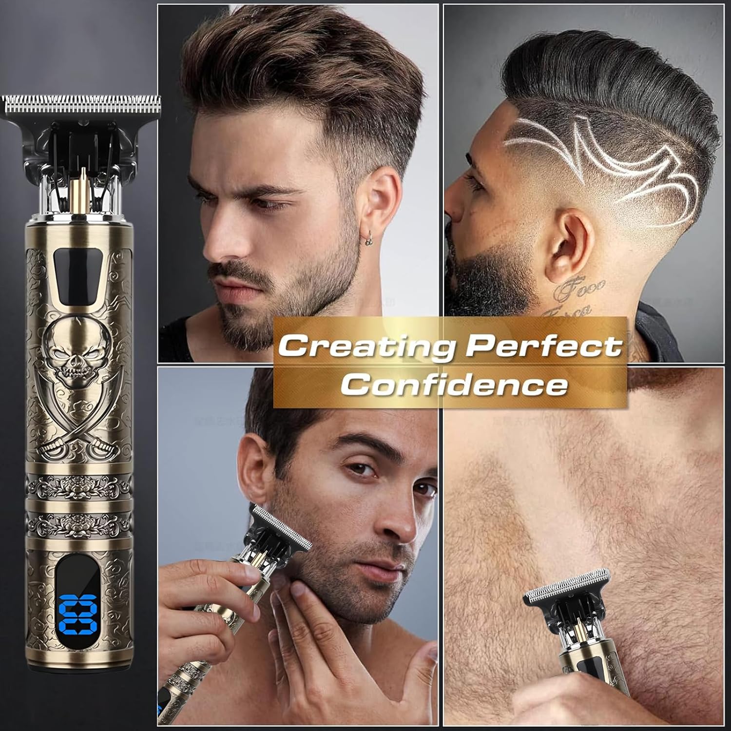 Tondeuse cheveux homme - Lame T zéro écart, IPX7, USB, 4 peignes - coupe précise - pirate