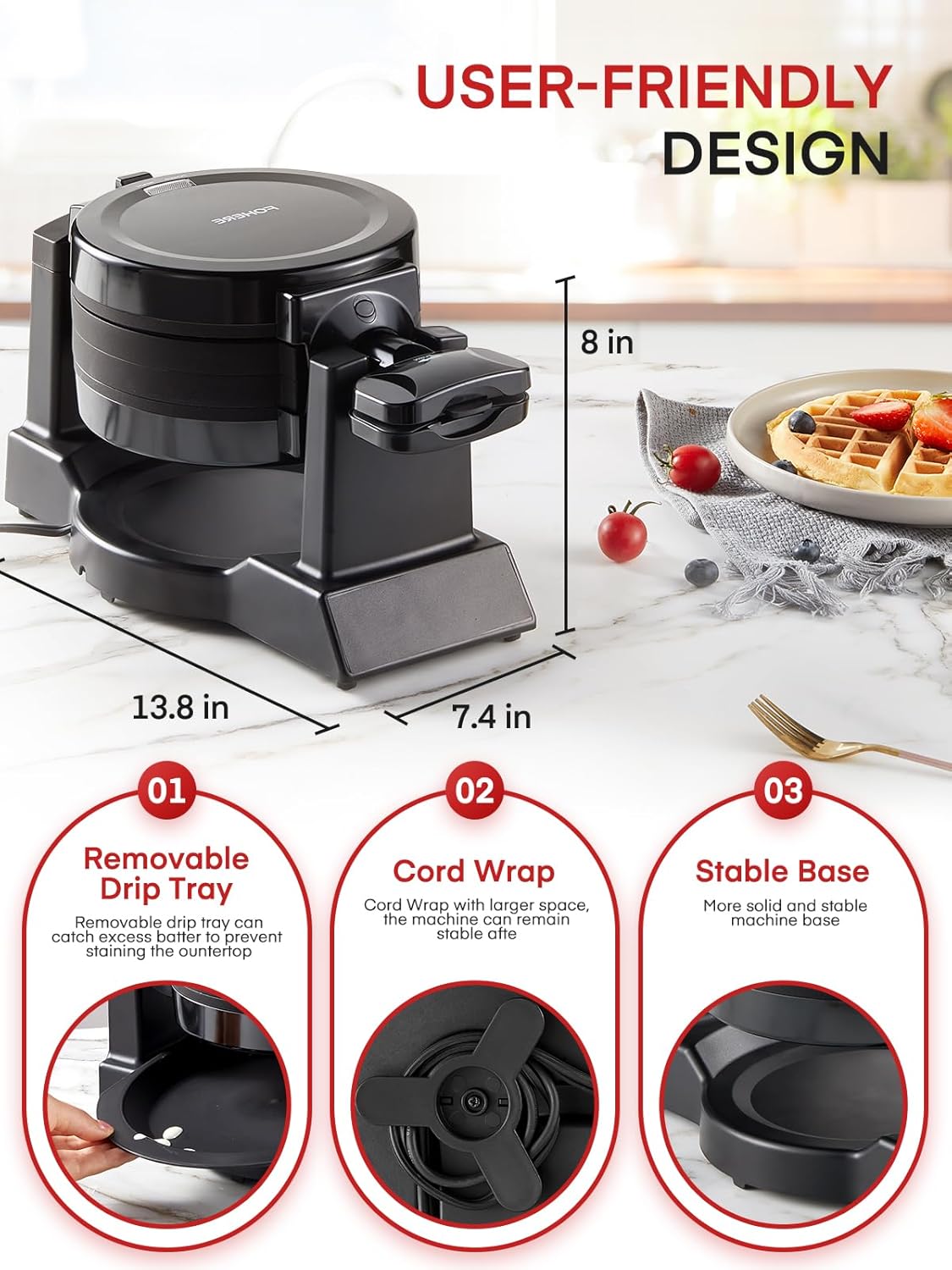 Waffle Maker - 1400W, flip 180°, 8 disques, plaques antiadhésives