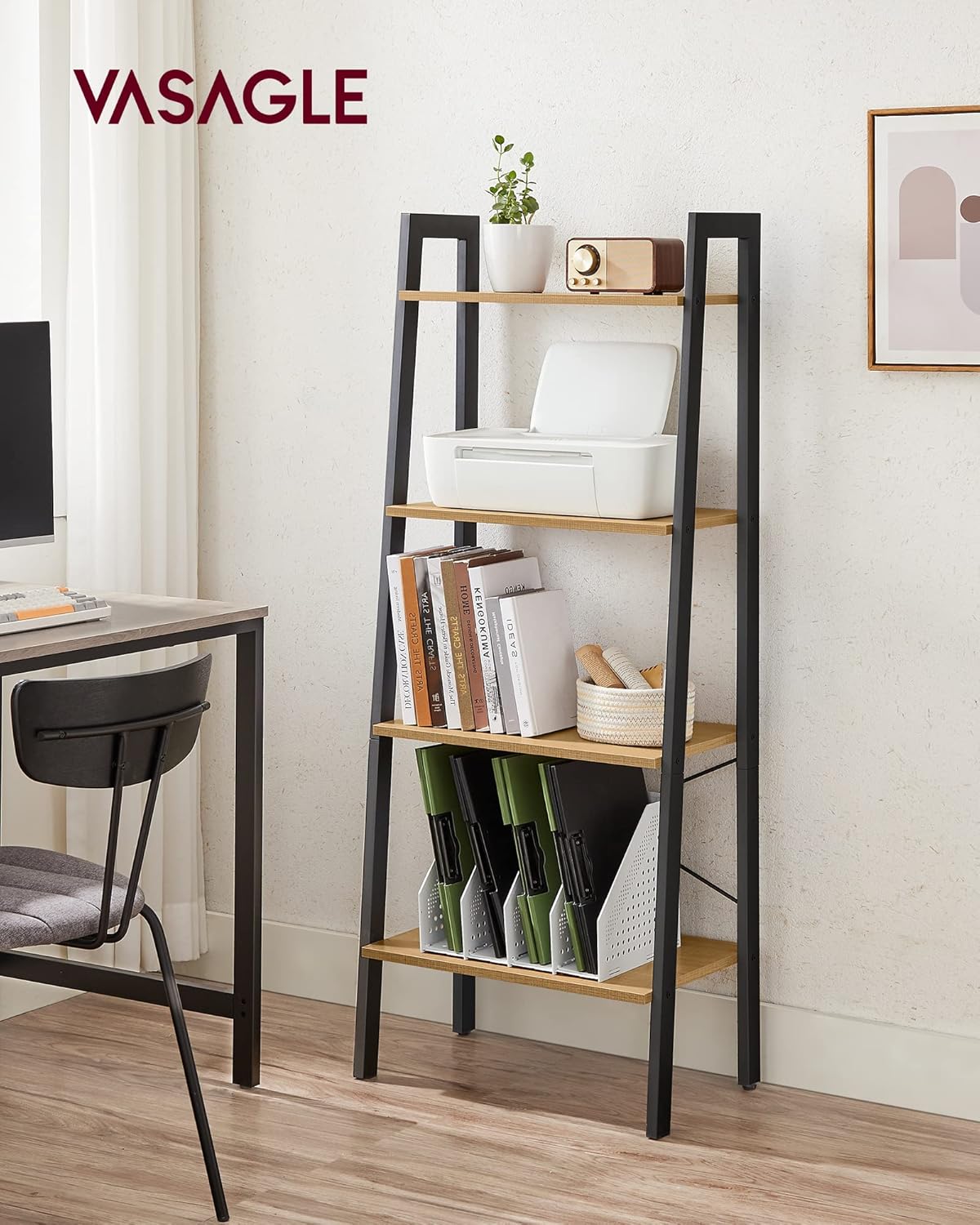 VASAGLE - étagère échelle 4 niveaux - acier, bois marron miel - 56x34x137cm - LLS044B05