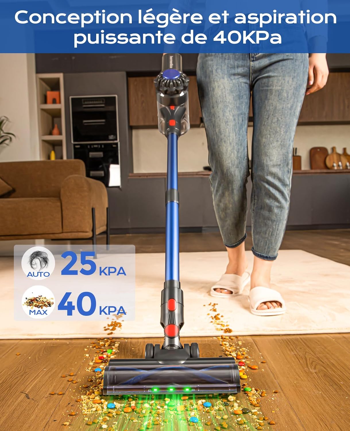 Aspirateur balai sans fil - 450W, 40KPA, 50min autonomie, LED verte, brosse sols/tapis, bleu