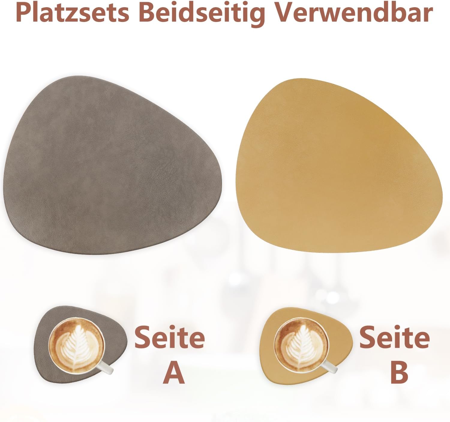 Set de table - ovale 41x33cm - lavable, antidérapant, PU double face, lot de 6, marron clair