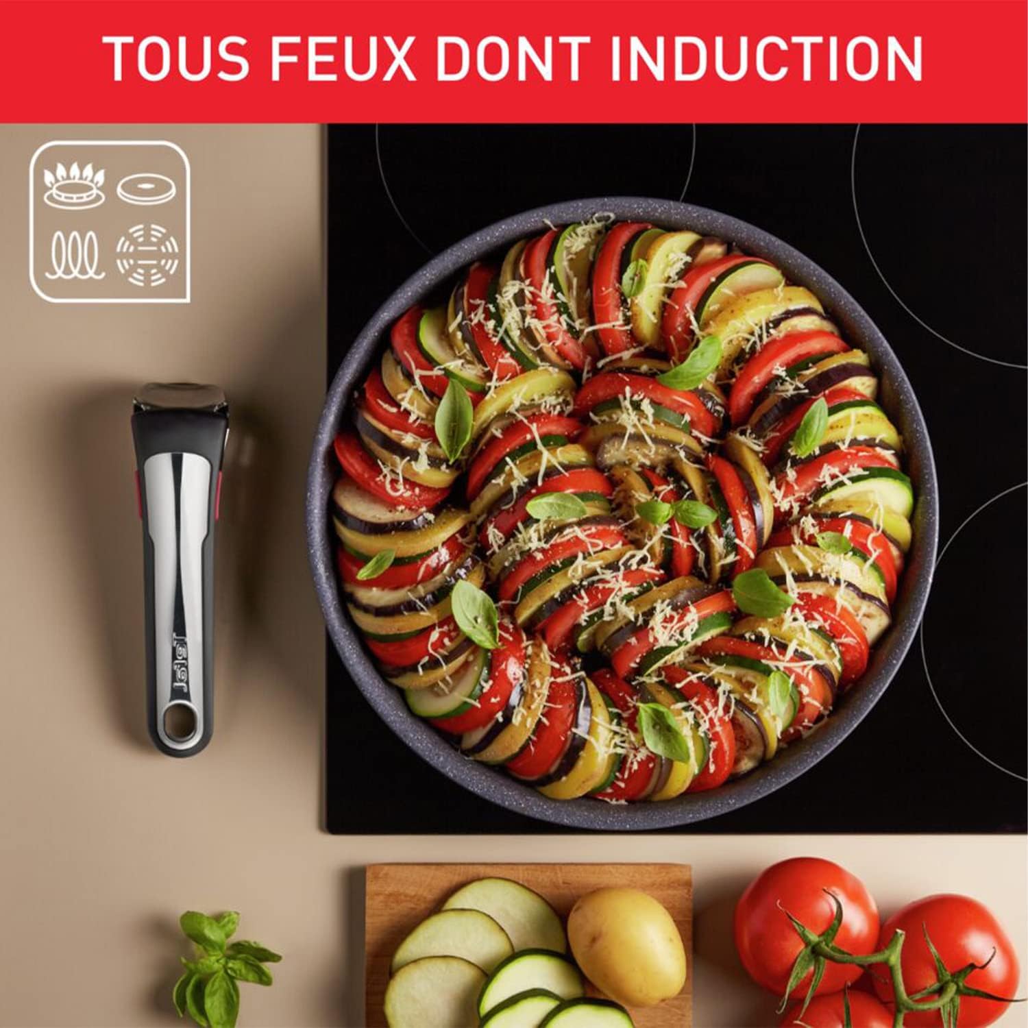 Tefal - Ingenio Natural On - 2 poêles, 1 casserole, poignée amovible, induction, antiadhésif, empilable, L7669402