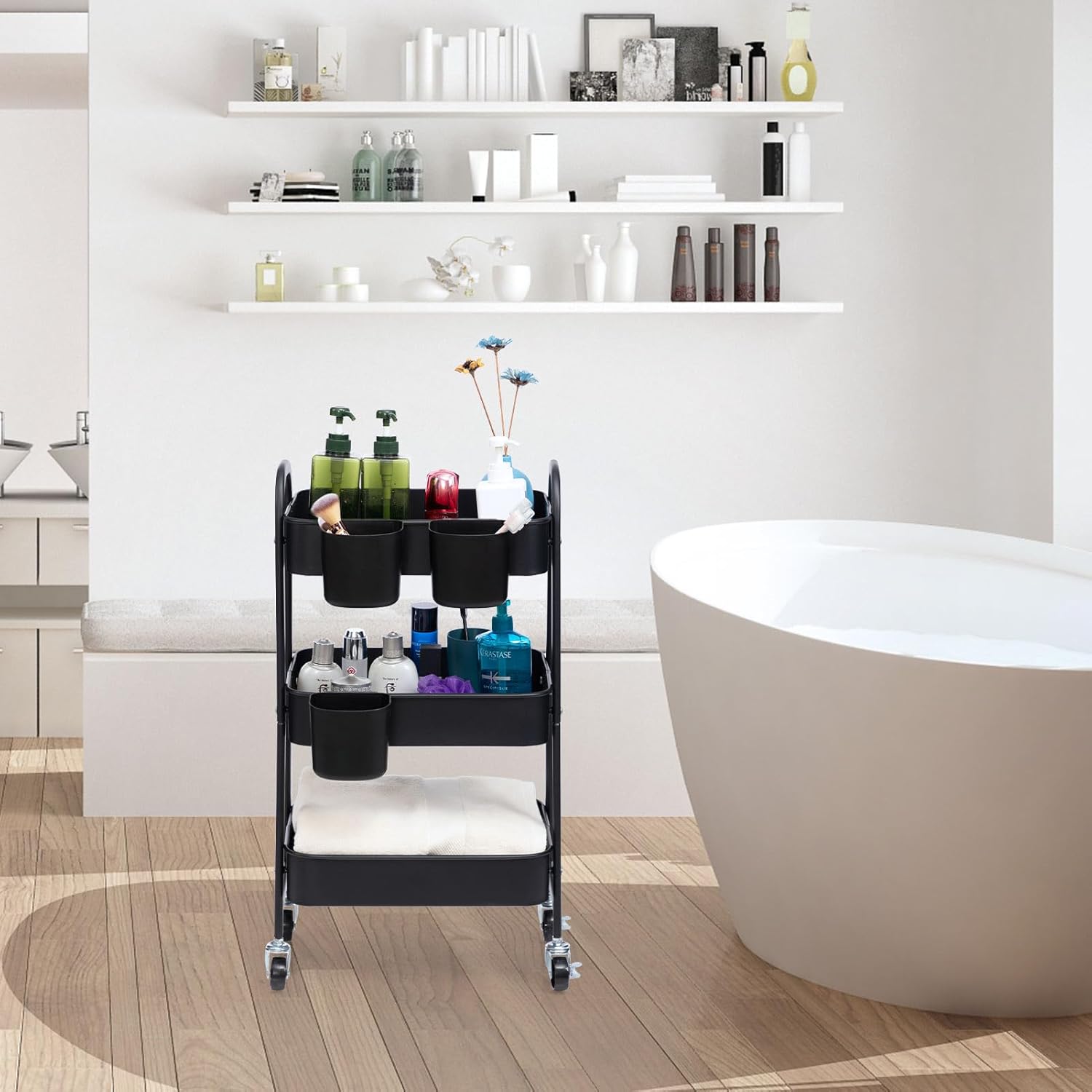 DOEWORKS - Chariot de rangement 3 niveaux, métal, roulettes, noir, avec tasses