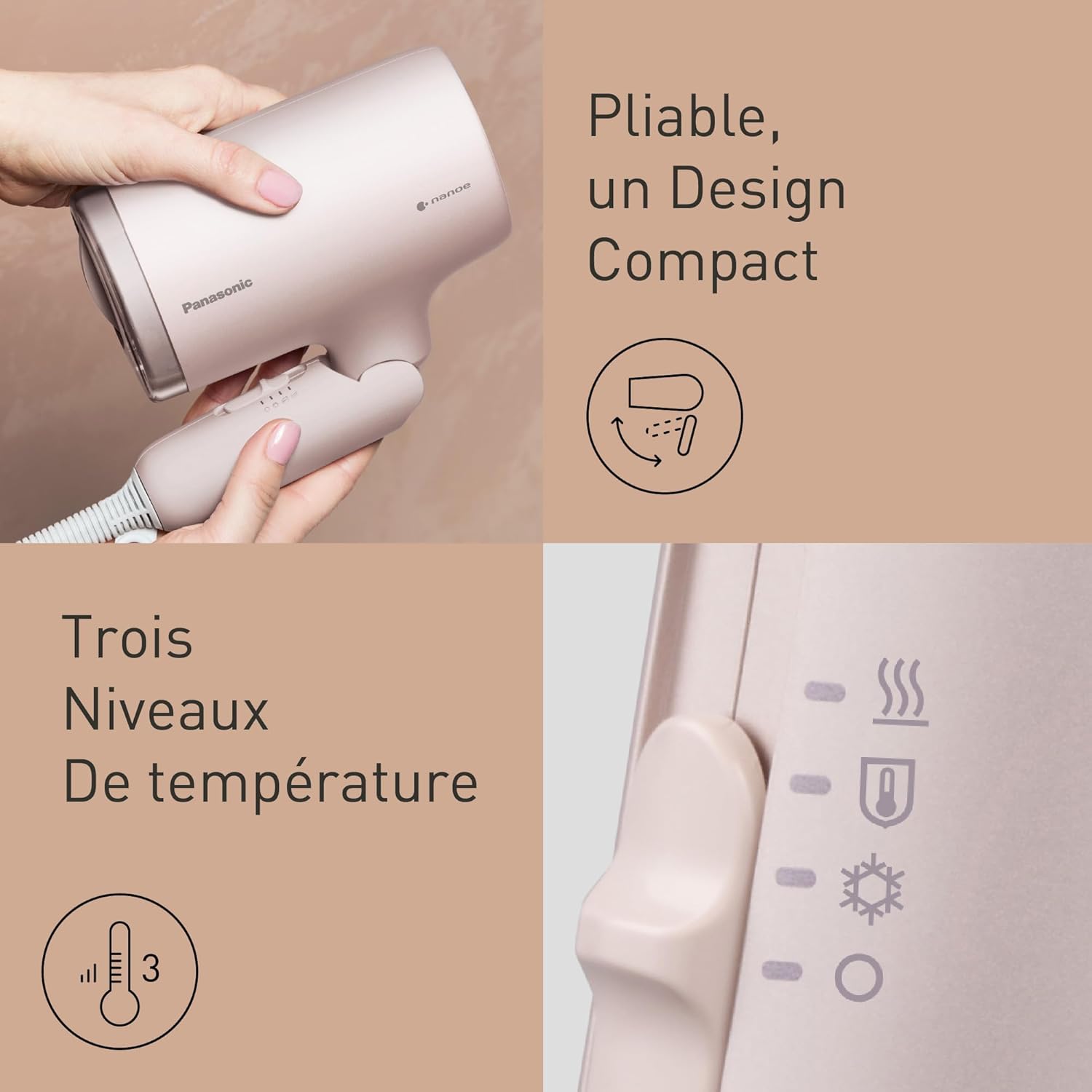 Panasonic - Sèche-Cheveux Nanoe, pliable, 1600W, séchage rapide, accessoire concentrateur, rose clair - EH-NA7M-P825